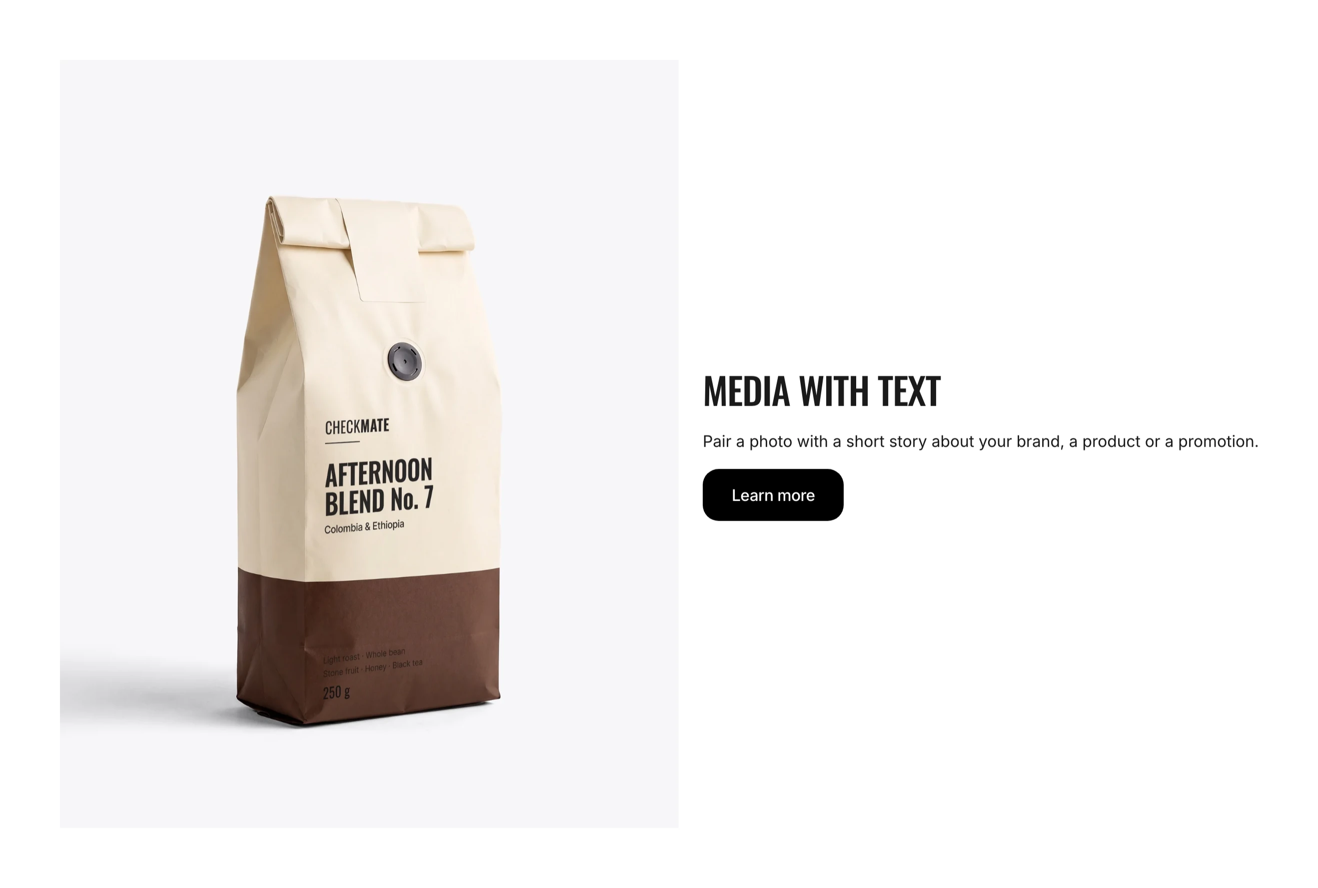 Section with a photo on the left and, on the right, the heading Media with text, a short paragraph and a Learn more button