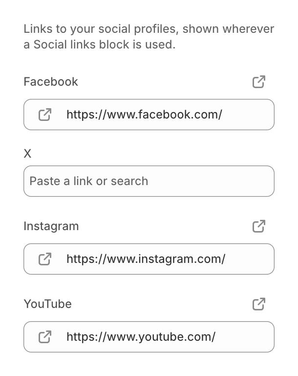 Social media group in Theme settings with Facebook, Instagram and YouTube links filled and X left empty