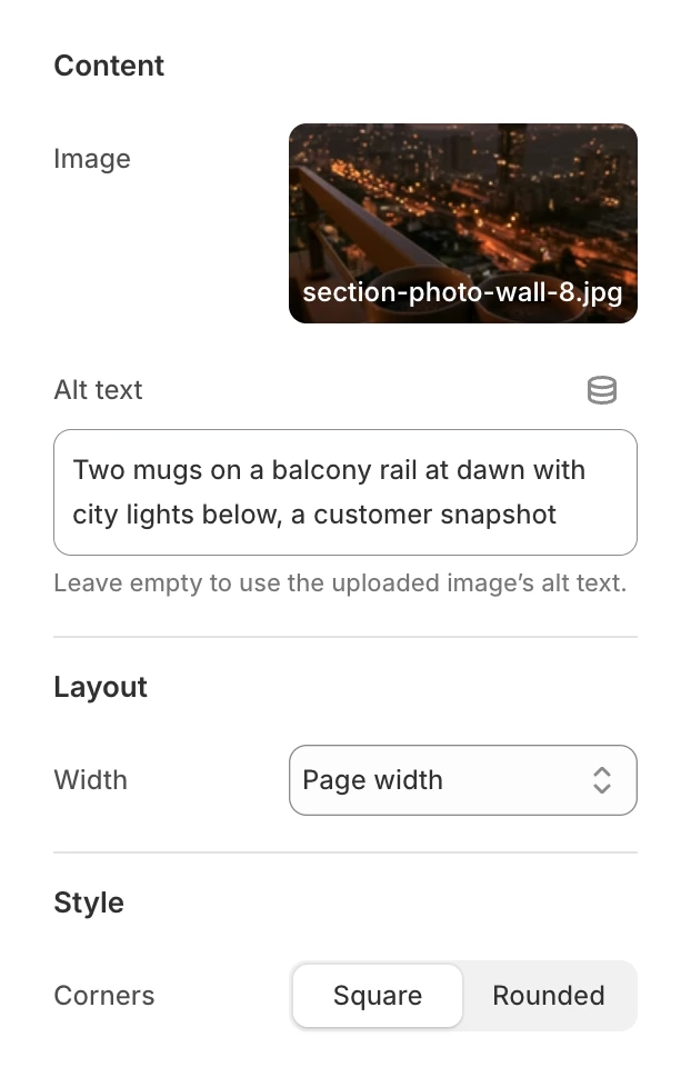 Image block settings with a photo, its Alt text, Width and the Corners choice