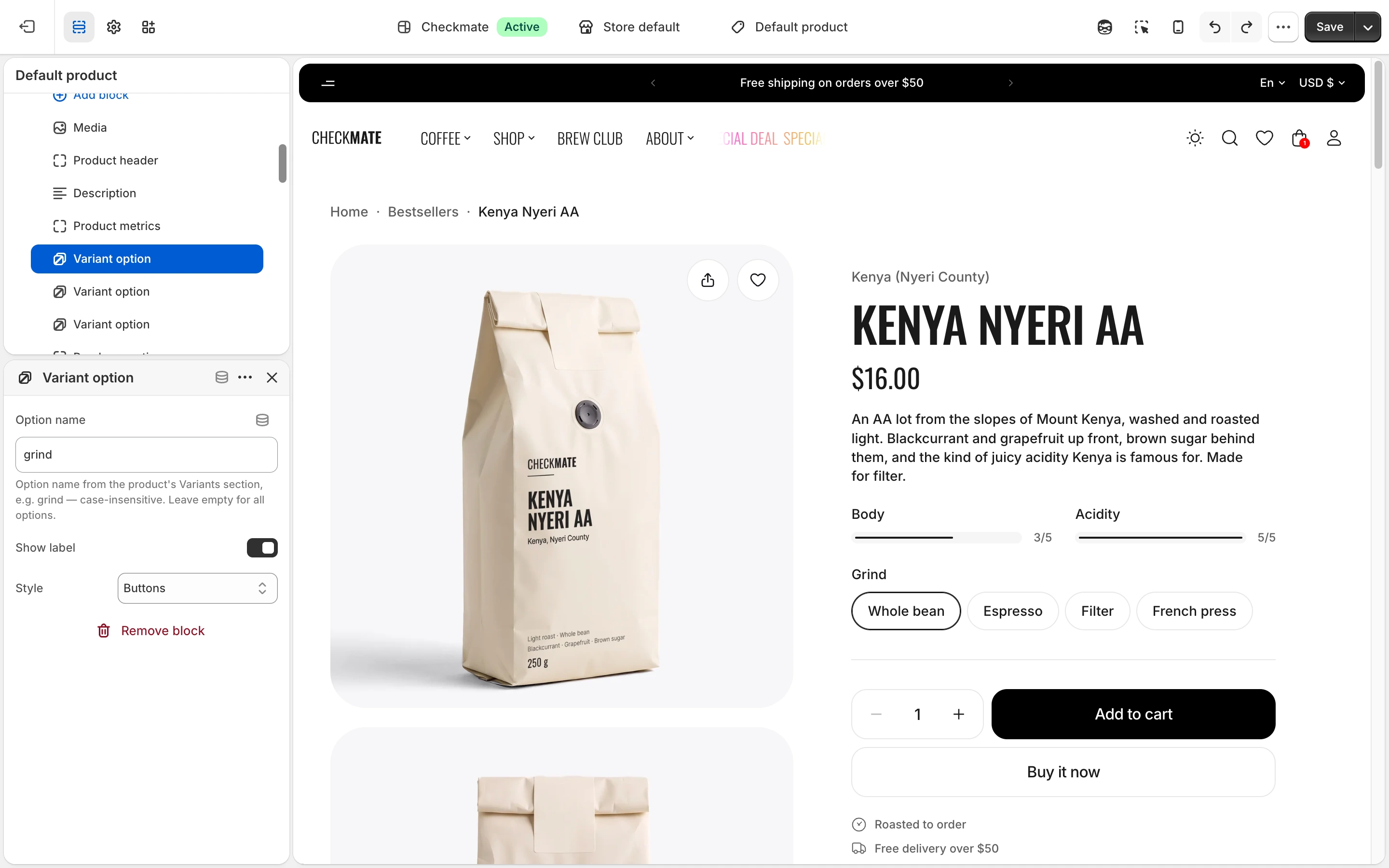 Variant option block with grind in Option name, and the Grind buttons Whole bean, Espresso, Filter and French press on the product page