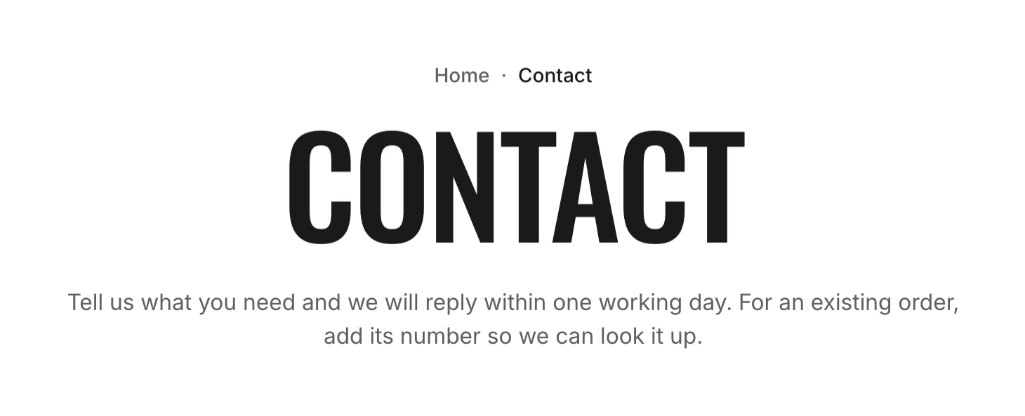 Page section of a Contact page with the breadcrumbs, the centered title Contact, and a short centered description under it