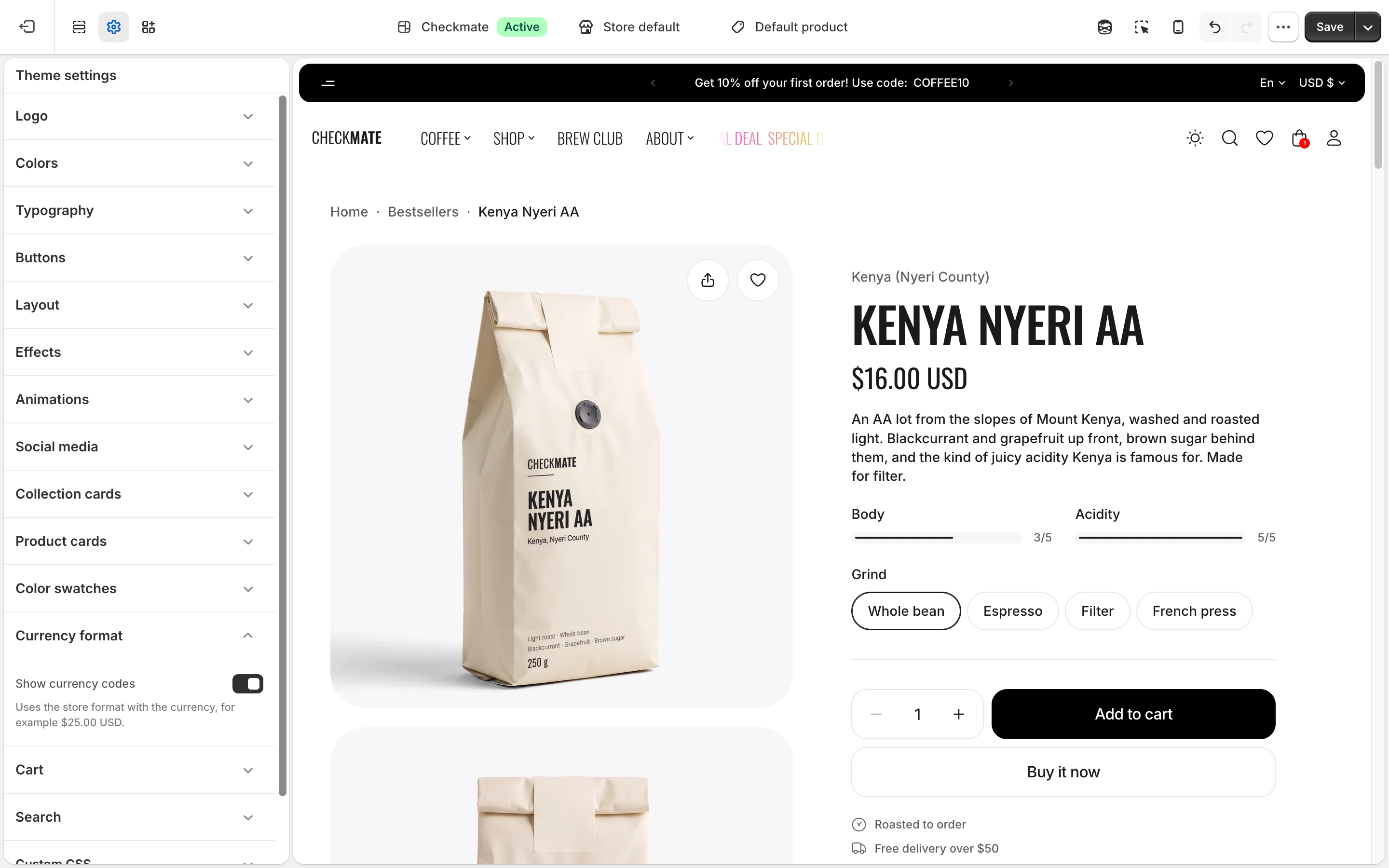 Currency format group with Show currency codes on, and the product page showing $16.00 USD and an Add to cart button