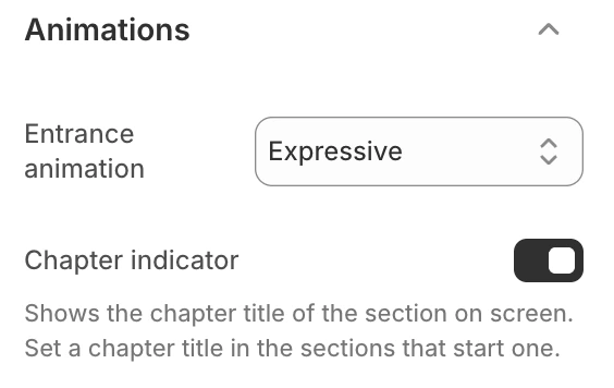 Animations group in Theme settings with Entrance animation set to Expressive and Chapter indicator turned on