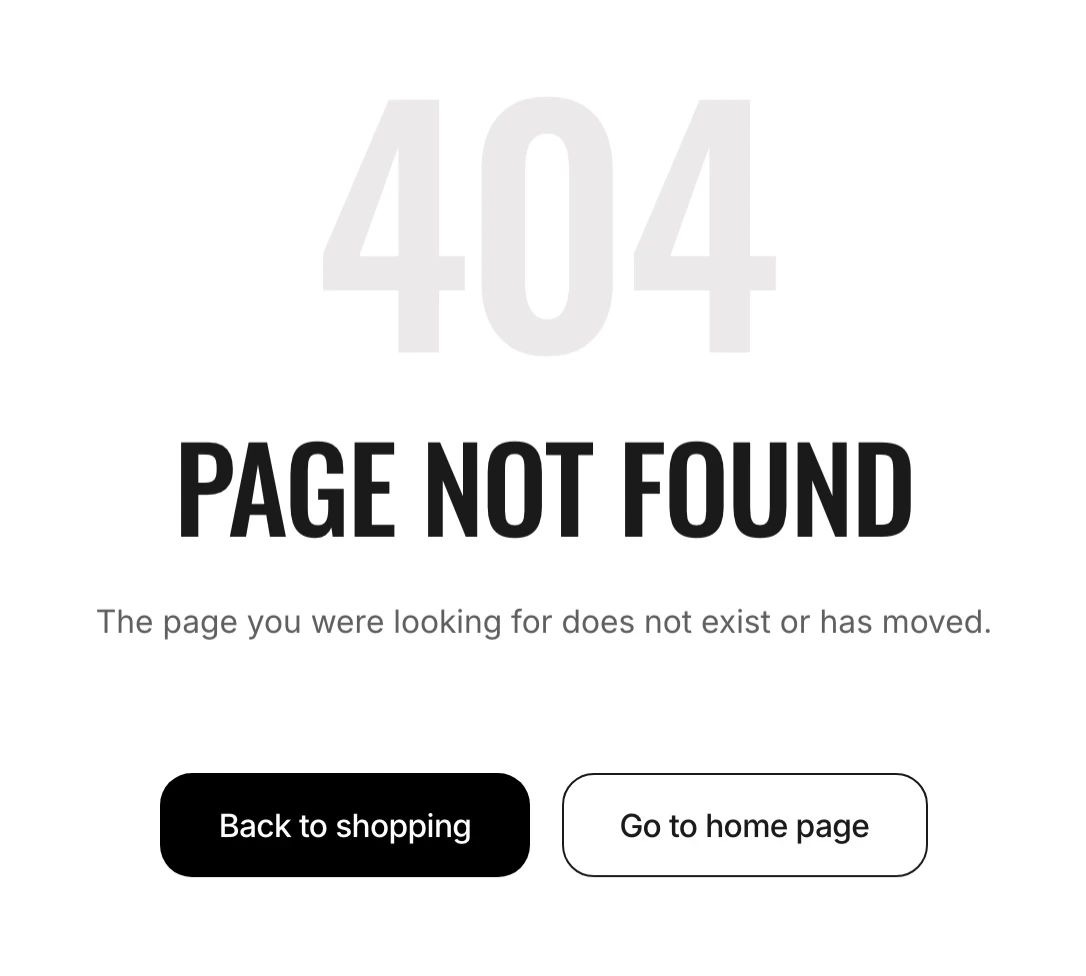 404 page with a large 404, the heading Page not found, a short message, and the buttons Back to shopping and Go to home page