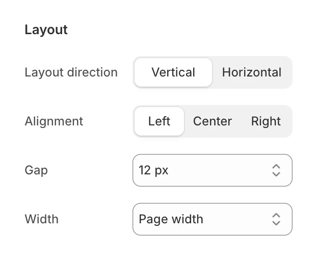 Group block settings with Layout direction, Stack vertically on mobile, Alignment, Vertical alignment, Gap and Width