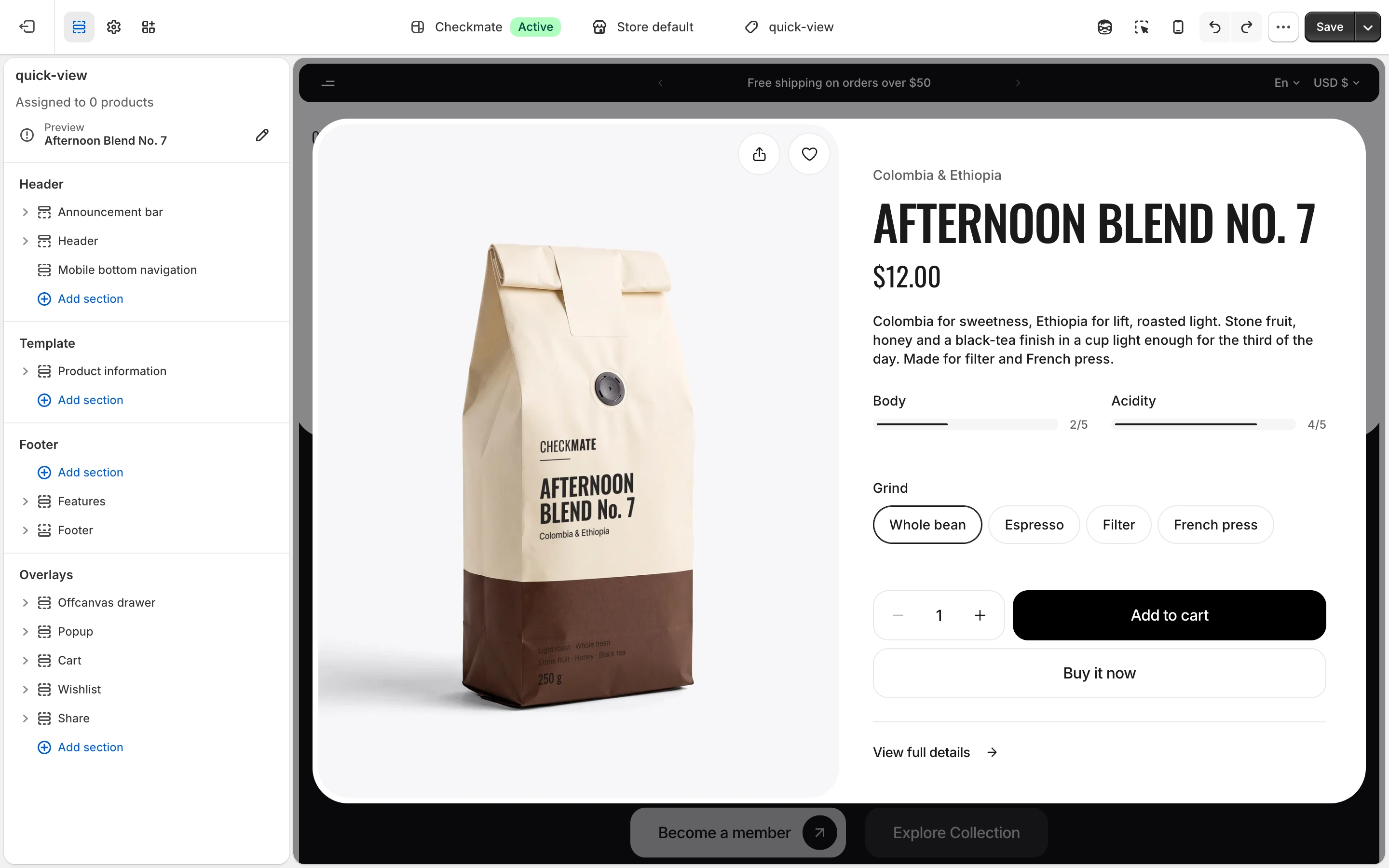 Editor on the quick-view template, with the quick view popup of Afternoon Blend No. 7 in the preview