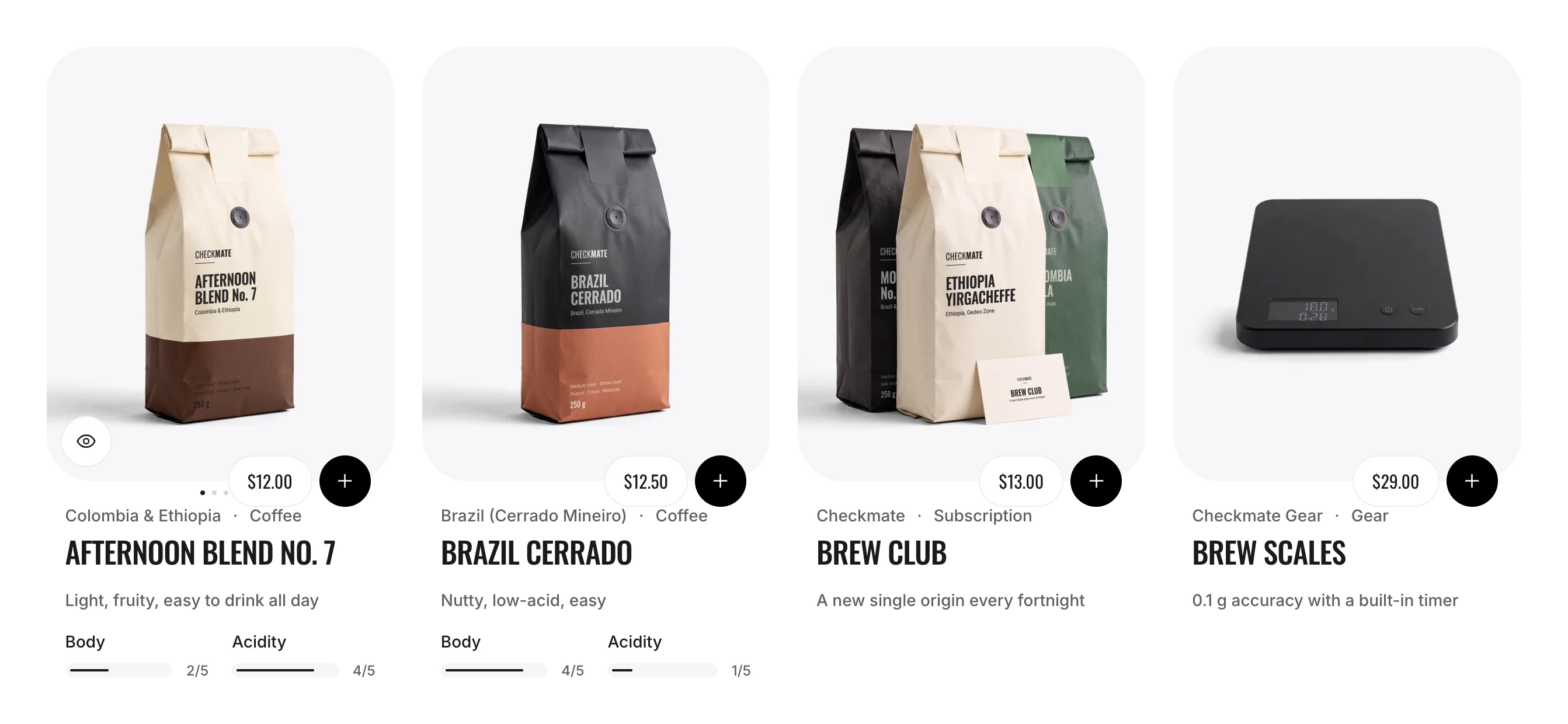 Row of product cards with the pointer over the first one, an eye button in its photo's bottom left corner and a plus button beside the price