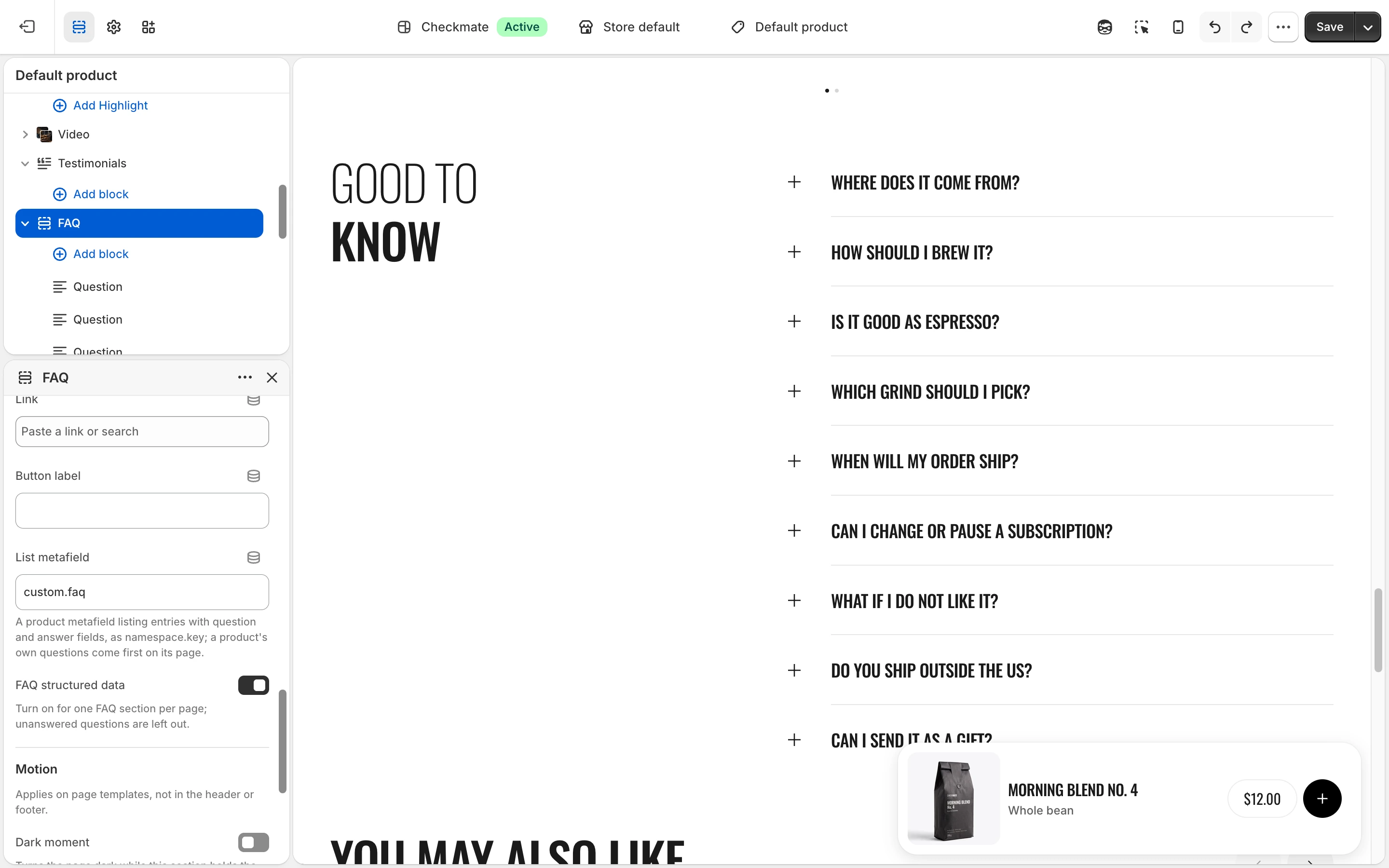 FAQ section settings with custom.faq in List metafield, and the product's questions beside Good to know