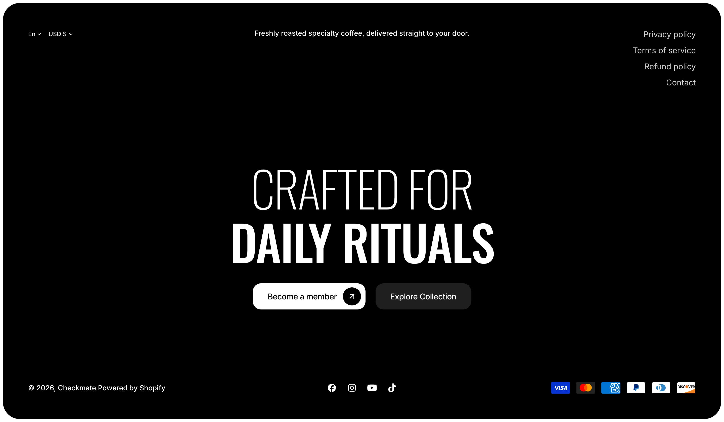 Centered footer on a black panel with a line of text at the top, a large two-line heading over two buttons, and a bottom row with the copyright and icons
