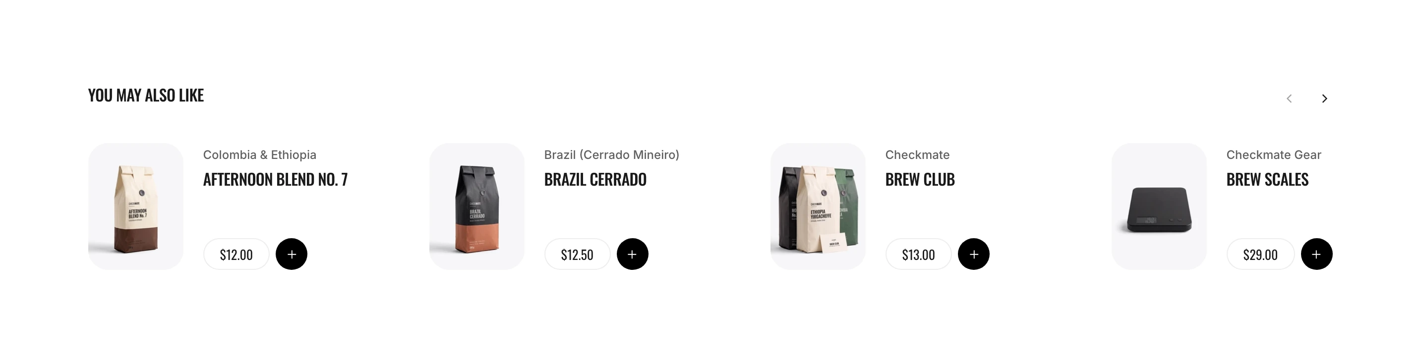 Product carousel with the heading You may also like and a row of compact product cards, each with a small photo beside its name and price