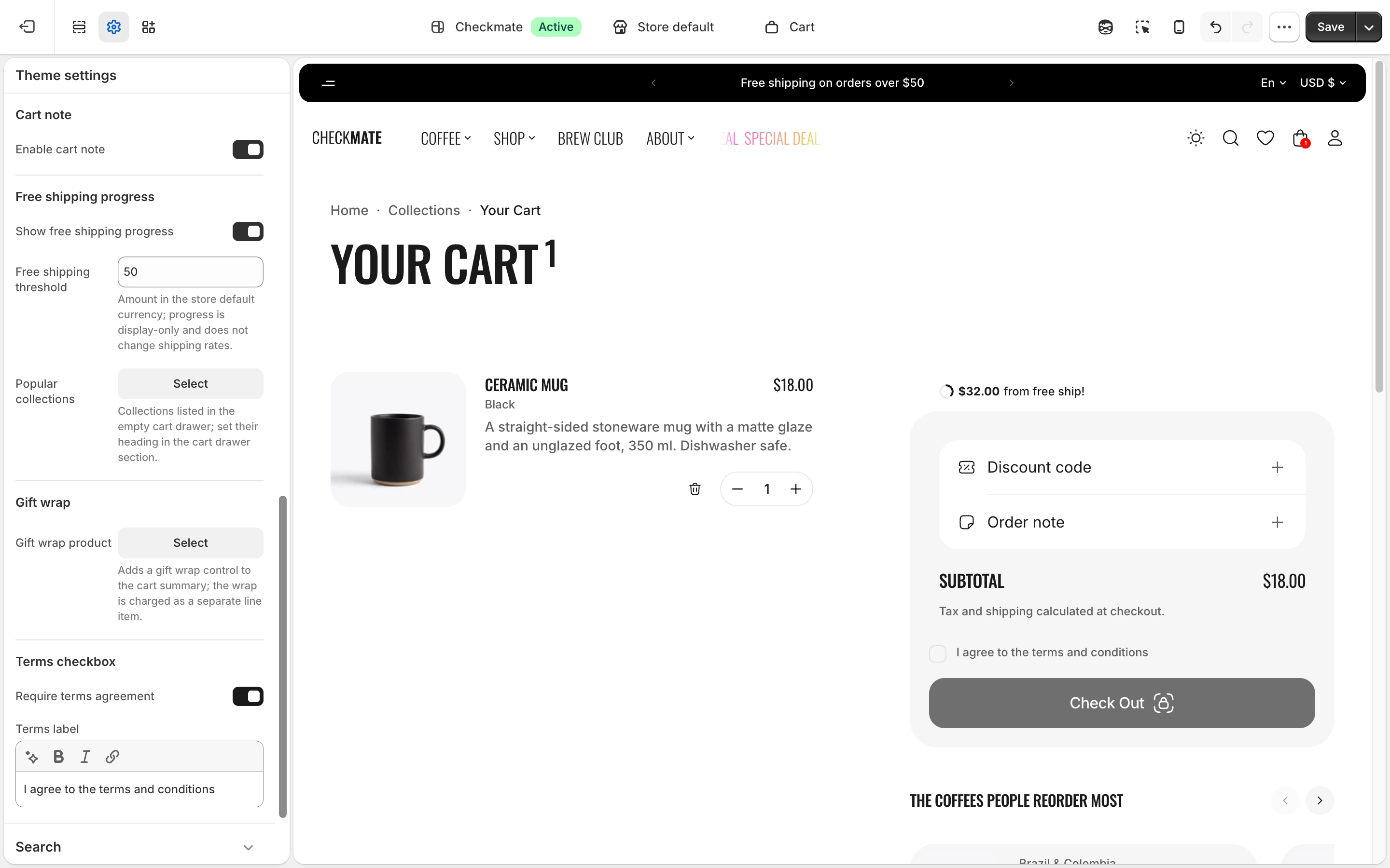 Terms checkbox group in Cart settings with Require terms agreement on, and an unticked agreement checkbox over a grayed Check Out button on the cart page