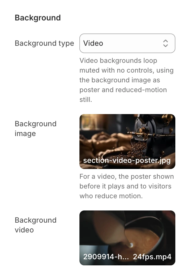 Background group of the Video section with Background type set to Video, a Background image and a Background video