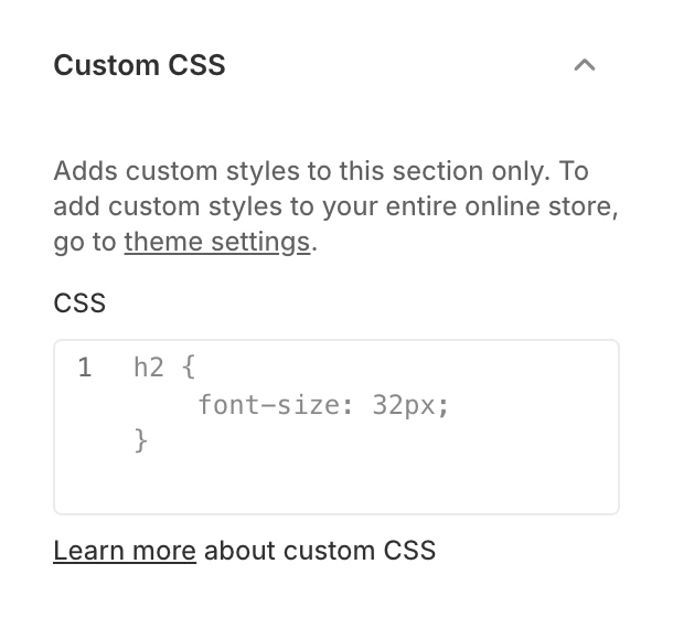 Custom CSS group of the Testimonials section open, with an empty CSS field