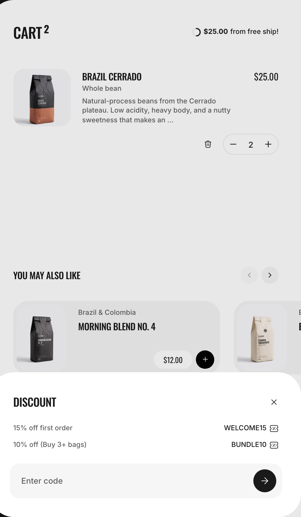 Cart drawer with the Discount panel open at the bottom, listing WELCOME15 and BUNDLE10 with their descriptions over the Enter code field