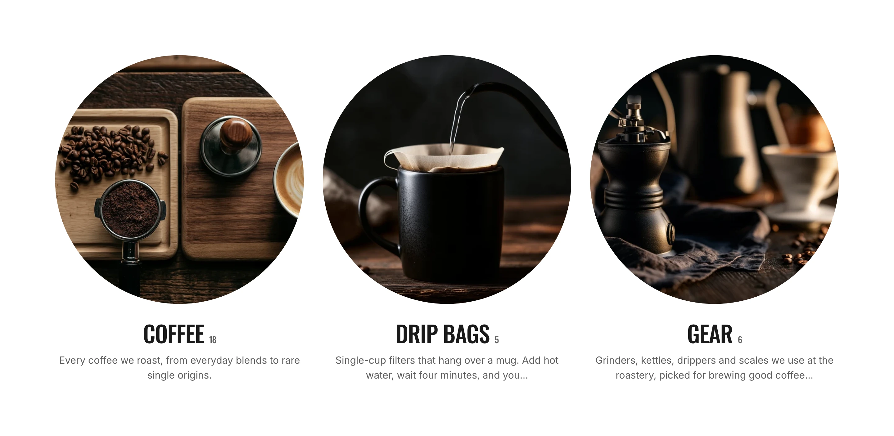 Three collections in a row, Coffee, Drip Bags and Gear, each with a round photo over its name, a product count and a short description