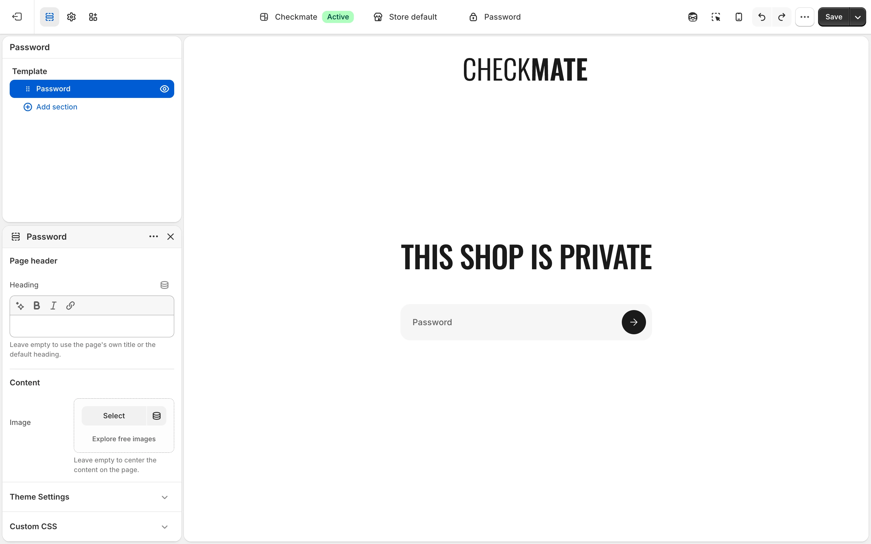 Password section settings with Heading and Image, and the page with the logo, This shop is private and a password field