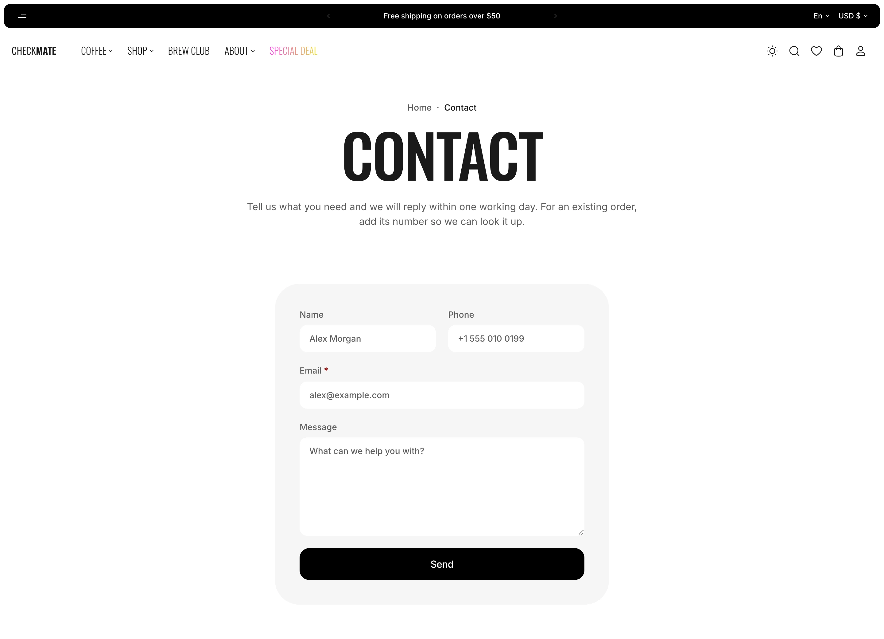 Contact page with the title Contact and a paragraph above the form on a light card, with Name, Phone, Email and Message fields