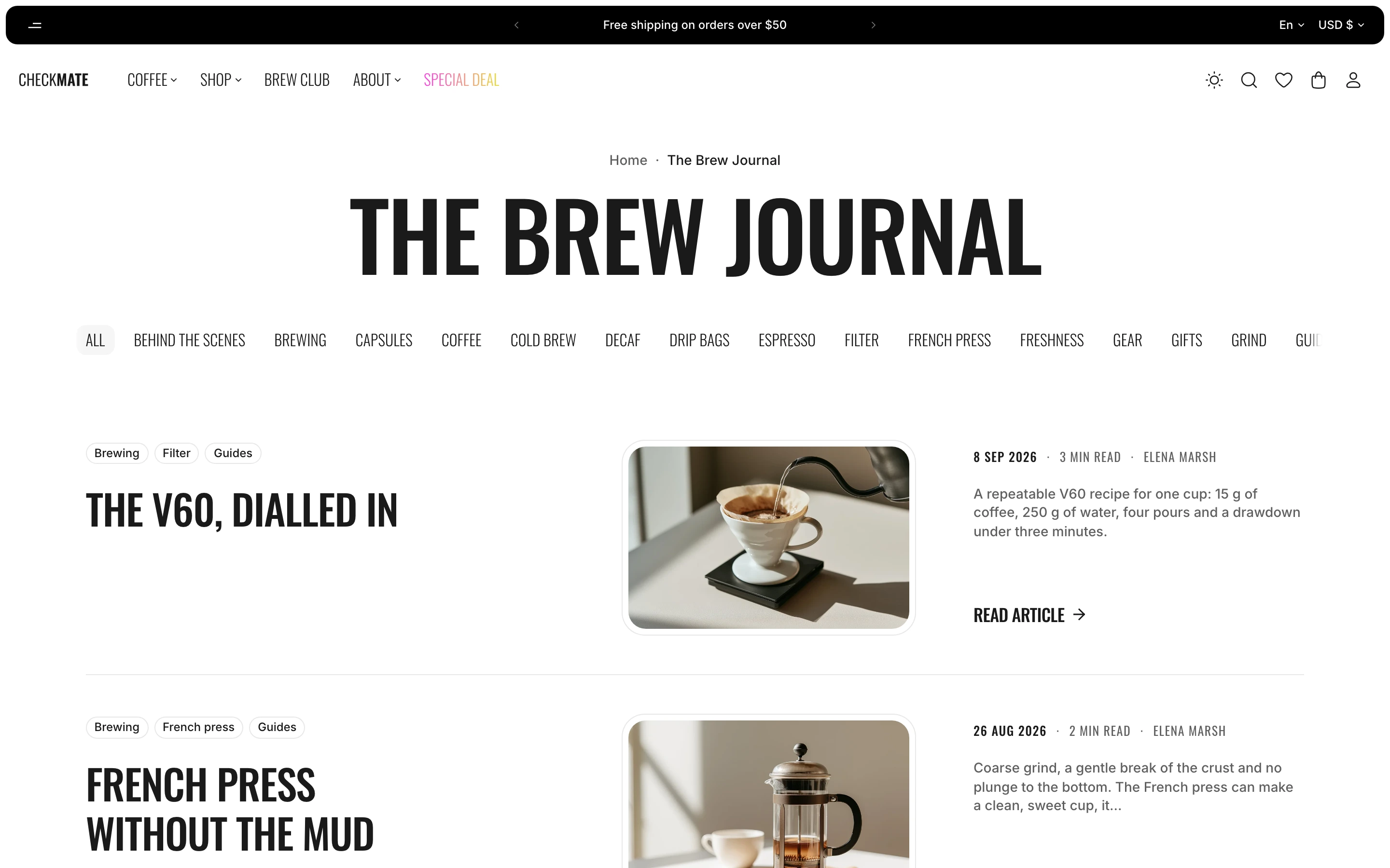 Blog page with the heading The Brew Journal, a row of tag links, and posts listed in rows with a title, a photo and a short description