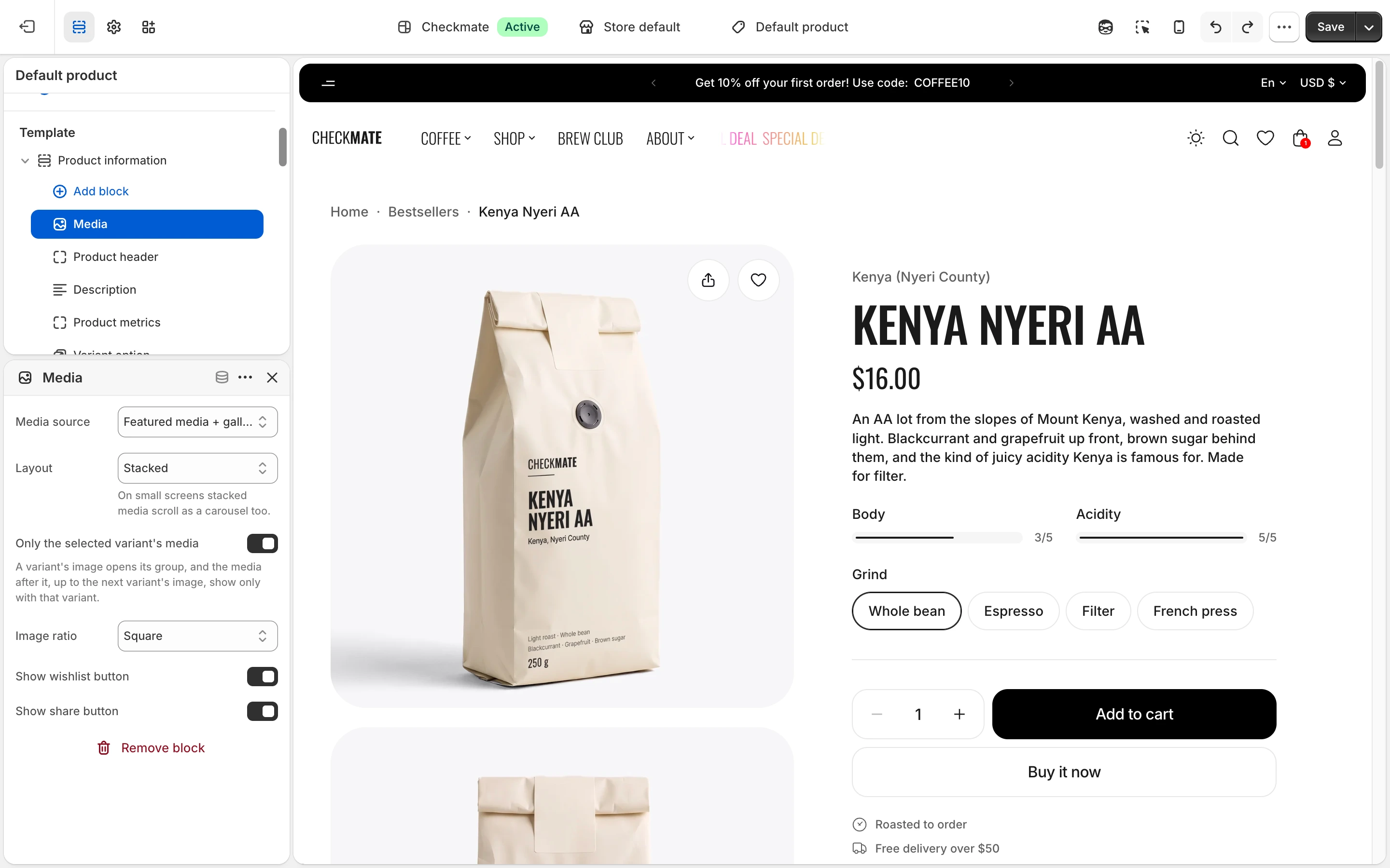 Editor on the Kenya Nyeri AA product page with the Media block open, and share and heart buttons on the top right corner of the product photo