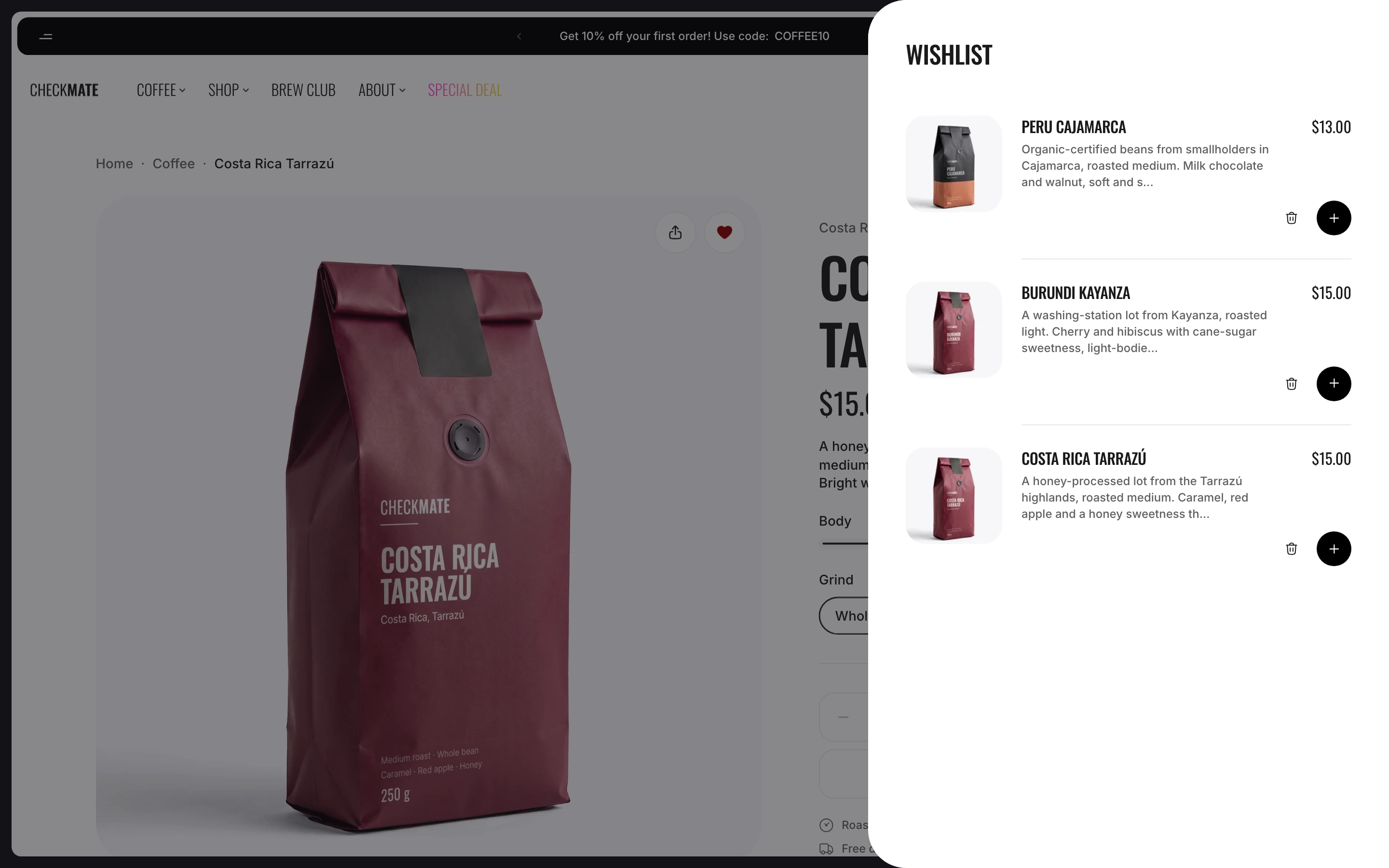 Wishlist drawer open from the right with three saved coffees, each with a photo, description, price, trash button and round add button