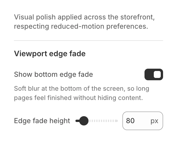 Effects group in Theme settings with Show bottom edge fade on and Edge fade height at 80 px