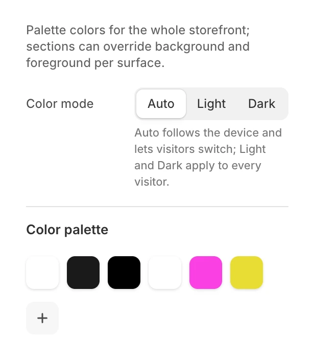 Colors group in Theme settings with Color mode set to Auto and the six swatches of the Color palette
