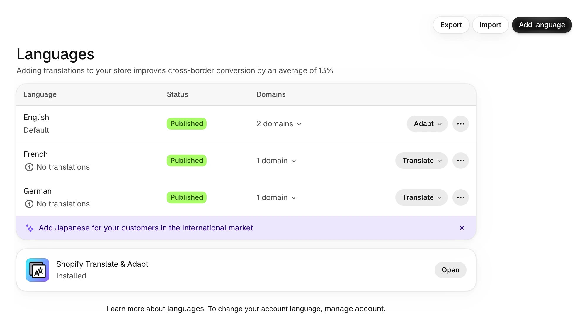 Languages page listing English as the default, French and German as published, with an Add language button at the top right