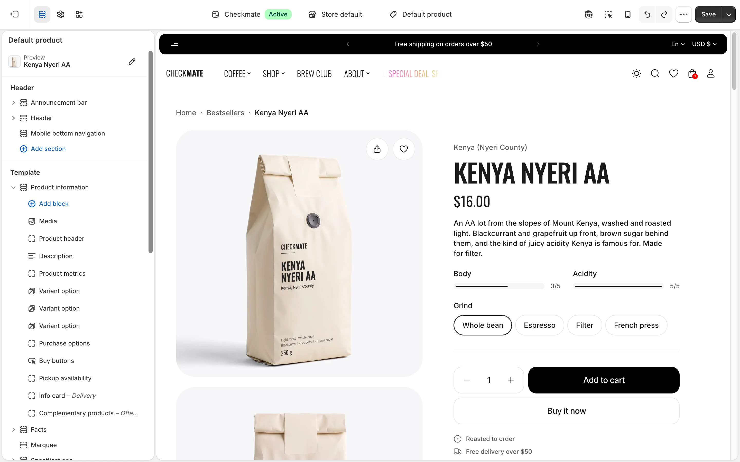 Product information blocks in the editor sidebar, from Media to Complementary products, and the product column in the preview
