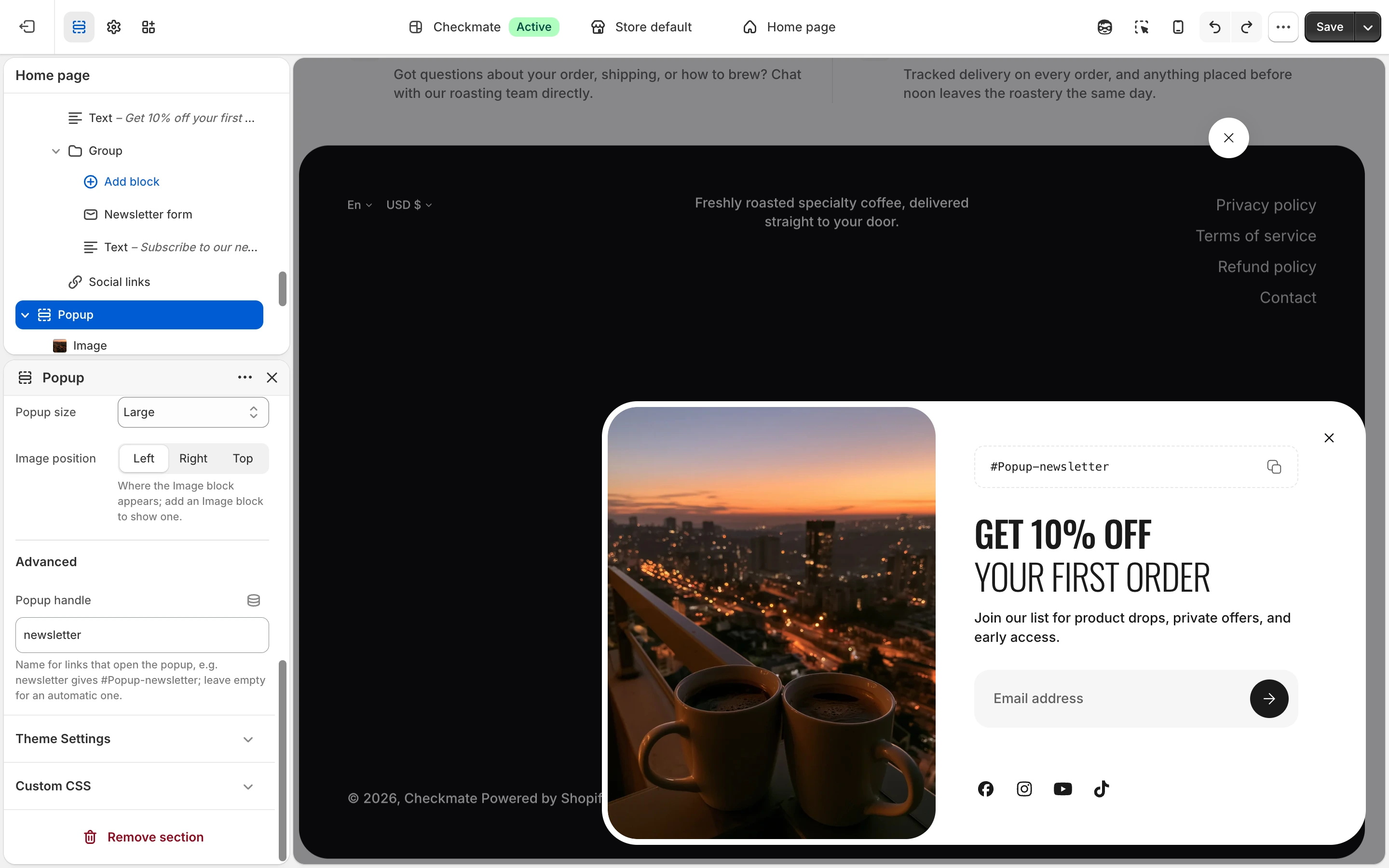 Popup section with newsletter in Popup handle, and the open popup in the preview showing #Popup-newsletter with a copy button