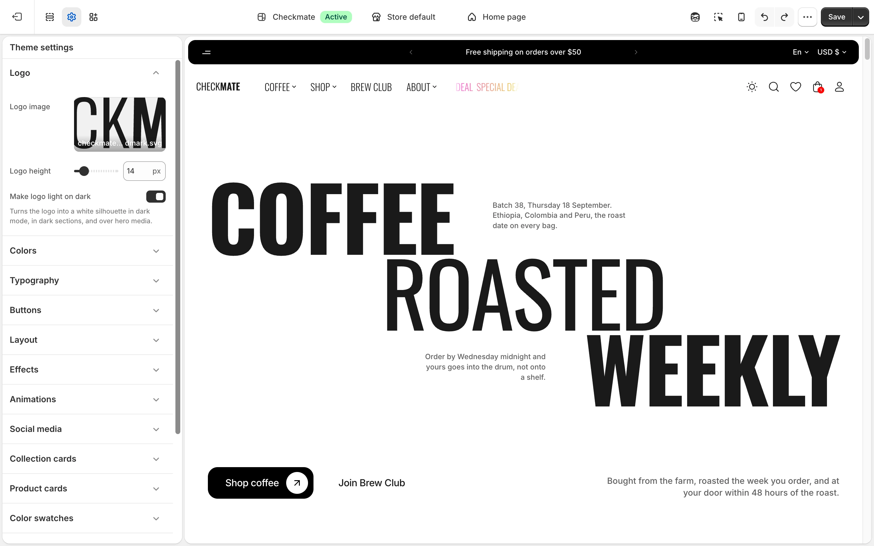 Logo group in Theme settings with a logo image, Logo height at 14 px and Make logo light on dark, and the Checkmate logo in the header