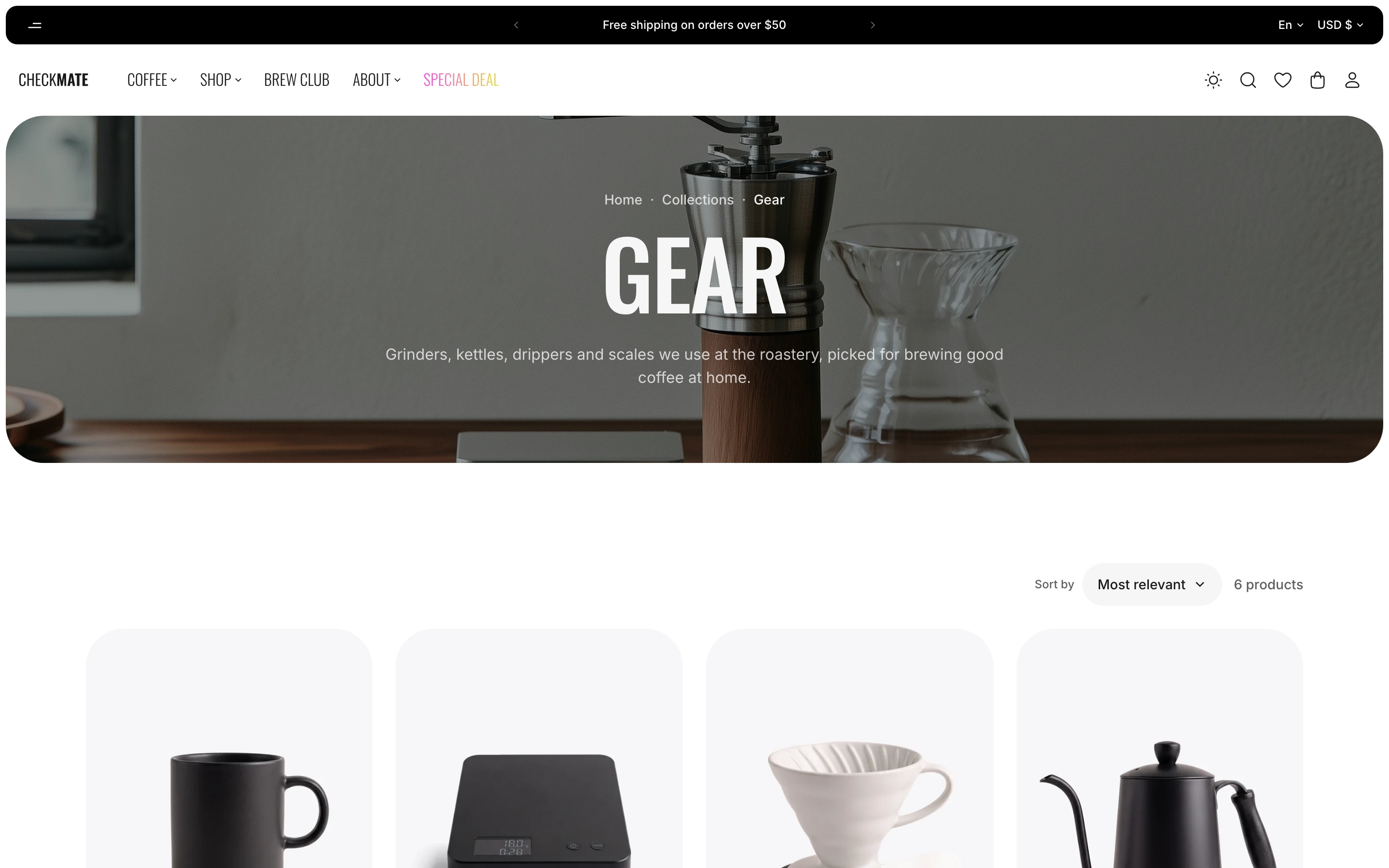 Gear collection page on the landing template, with only the Most relevant sort menu and 6 products above the grid, and no Filters button