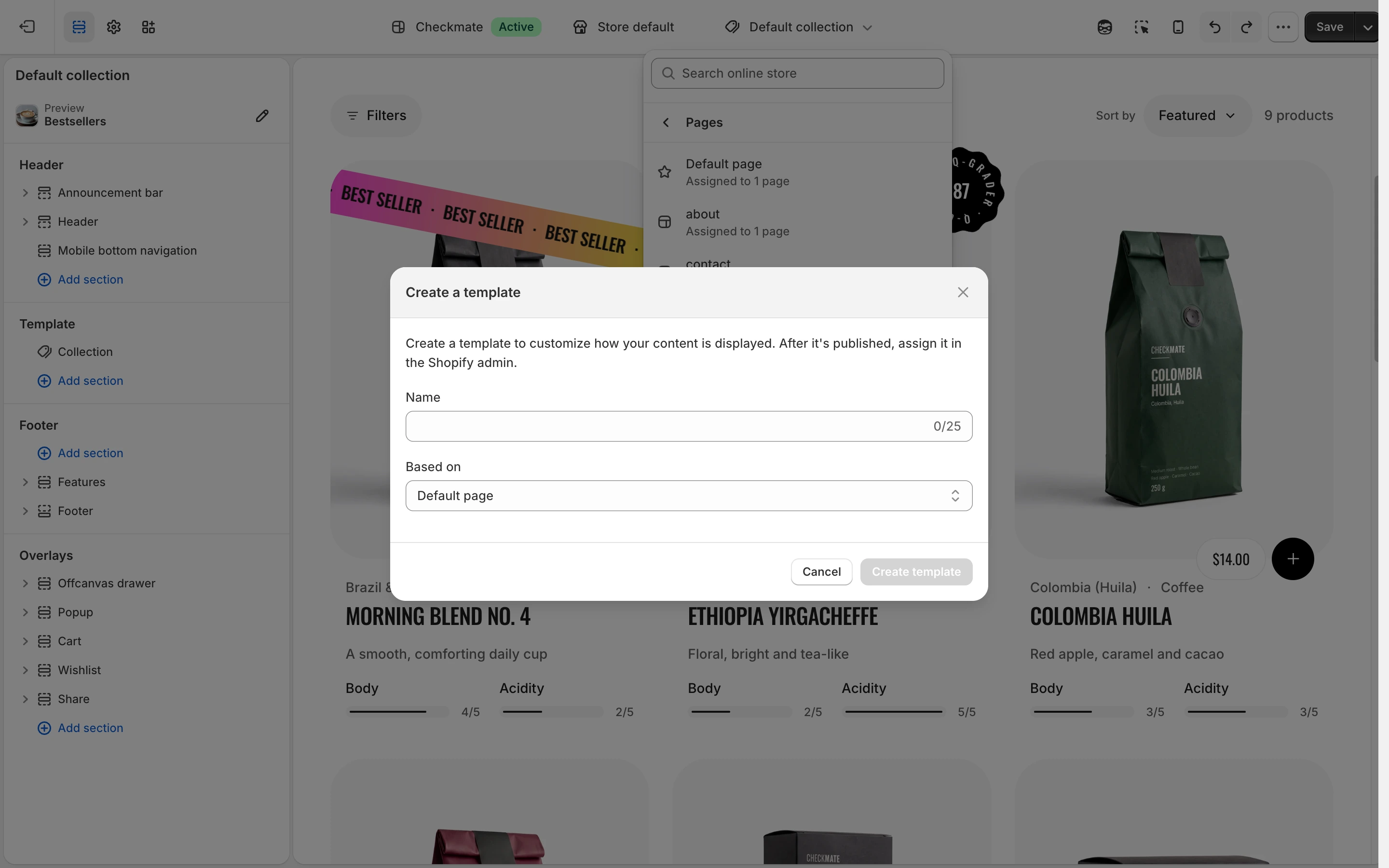 Create a template dialog over the editor, with an empty Name field and Based on set to Default page