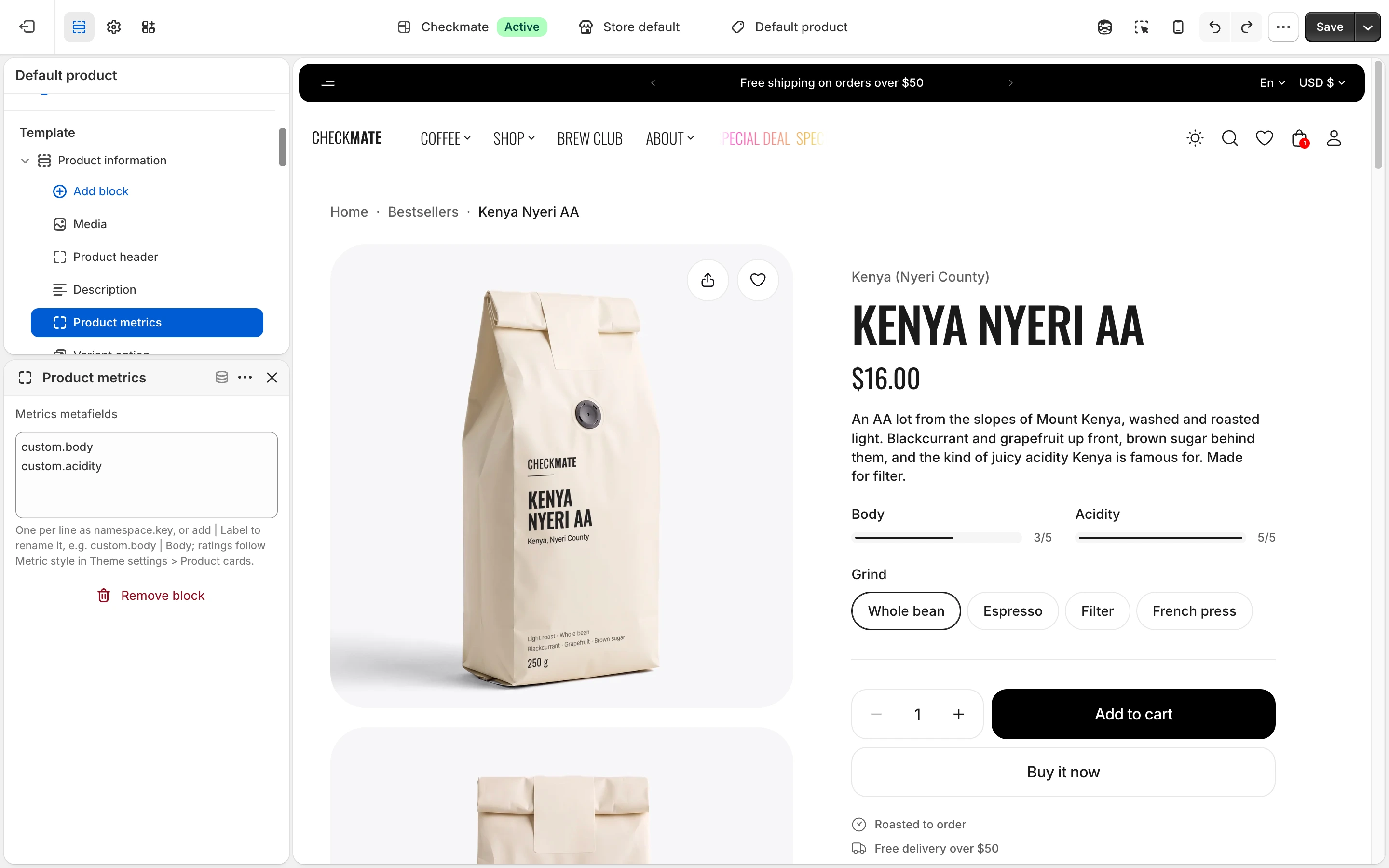 Product metrics block with custom.body and custom.acidity in Metrics metafields, and the Body and Acidity bars on the product page
