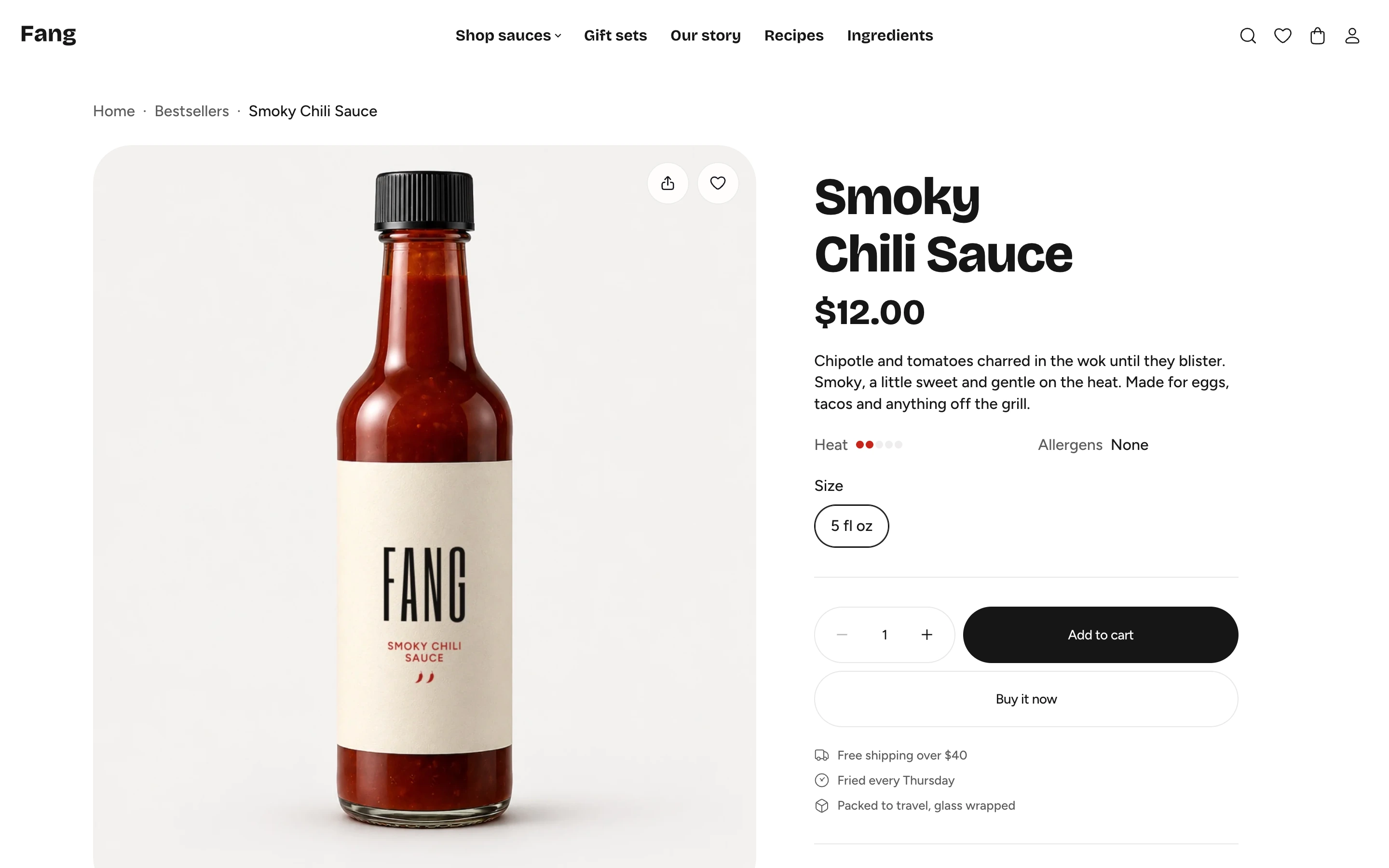 Fang product page for Smoky Chili Sauce with Heat as red dots and Allergens None under the description