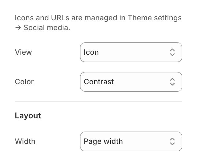 Social links block settings with View set to Icon, Color set to Contrast and Width set to Page width