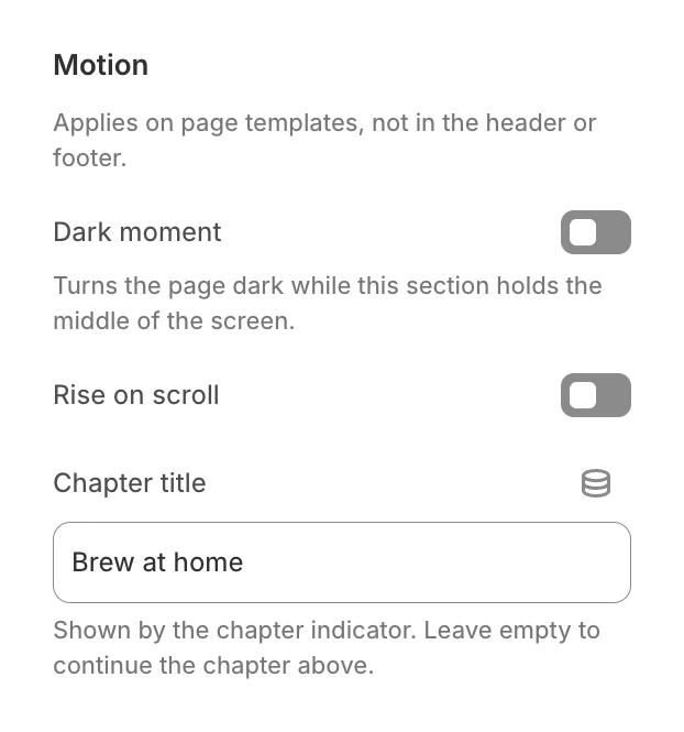 Motion group of a Card rail section with Dark moment and Rise on scroll off and Brew at home in Chapter title