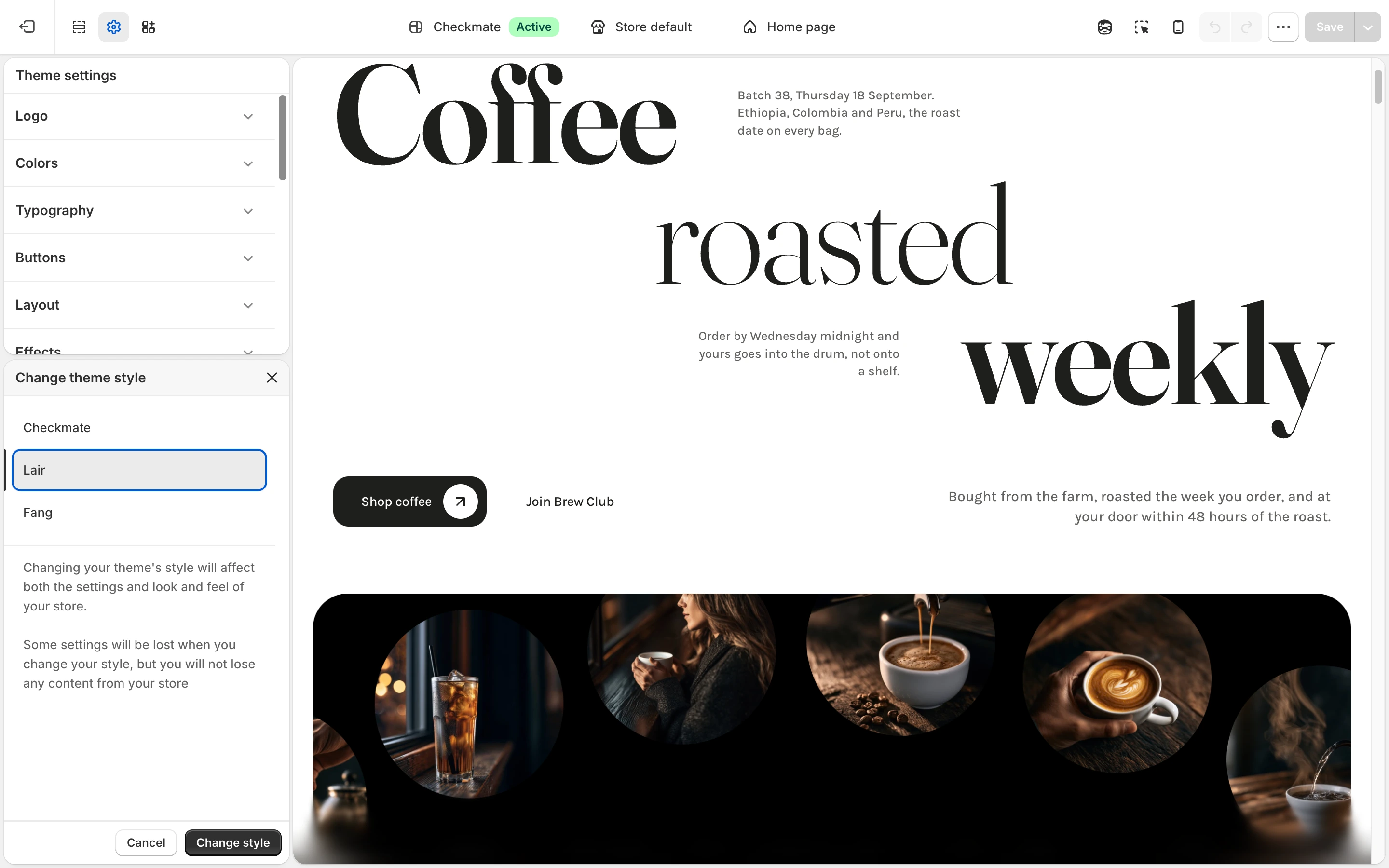 Change theme style panel with Lair selected above Change style, and the preview showing the home page hero in Lair's fonts