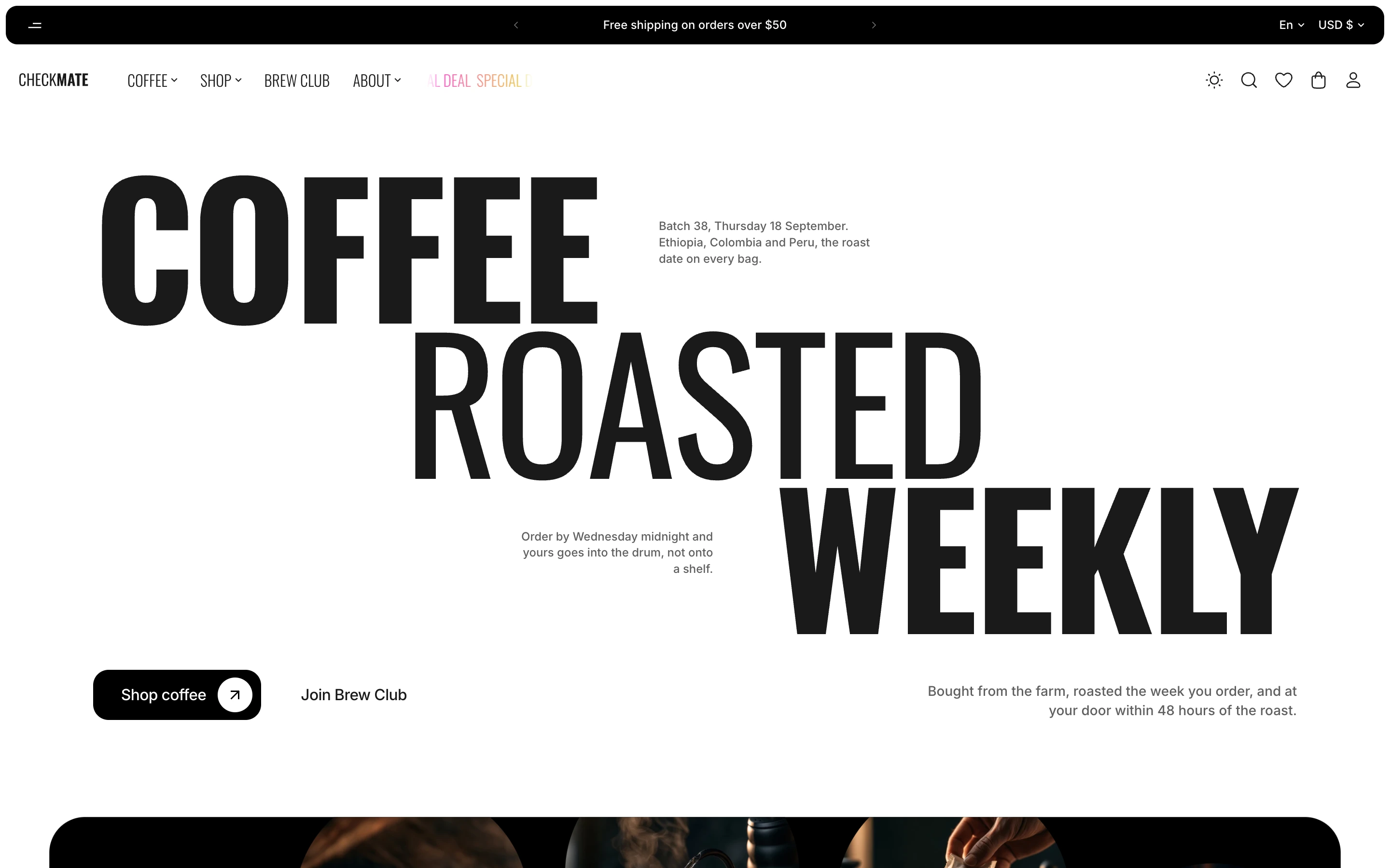 Home page of the Checkmate style, a coffee roaster's store, with the heading Coffee roasted weekly in large capital letters