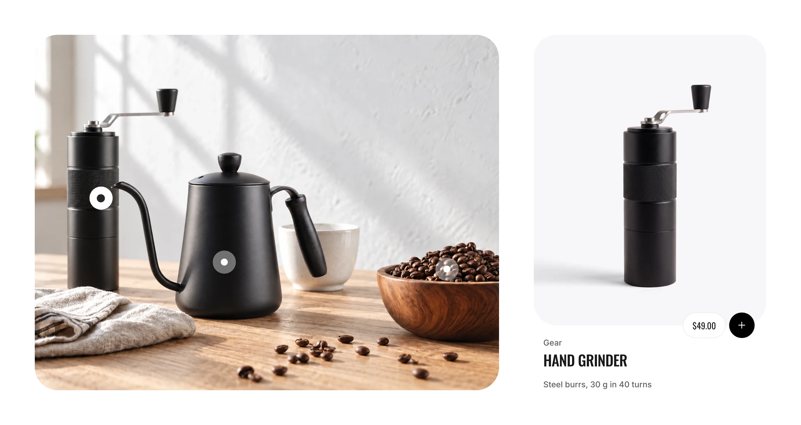 Hotspots section with a photo of a grinder and a kettle on a table, three dots on the products, and the Hand Grinder product card in the column beside it