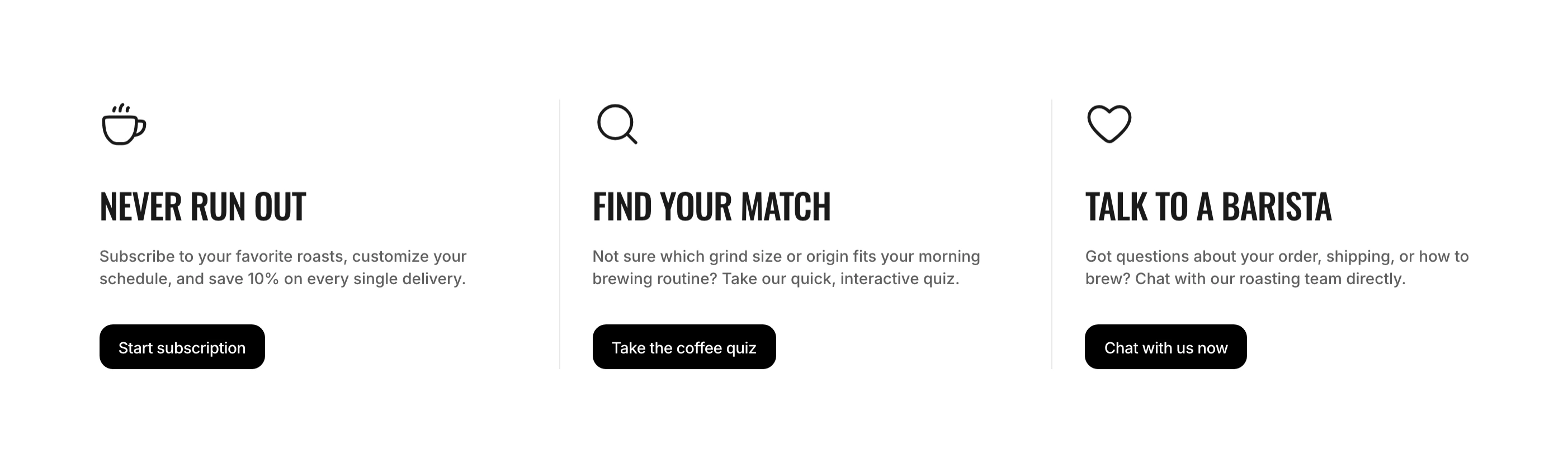 Features section with three columns separated by thin lines, each with an icon, a heading, a short paragraph and a small button