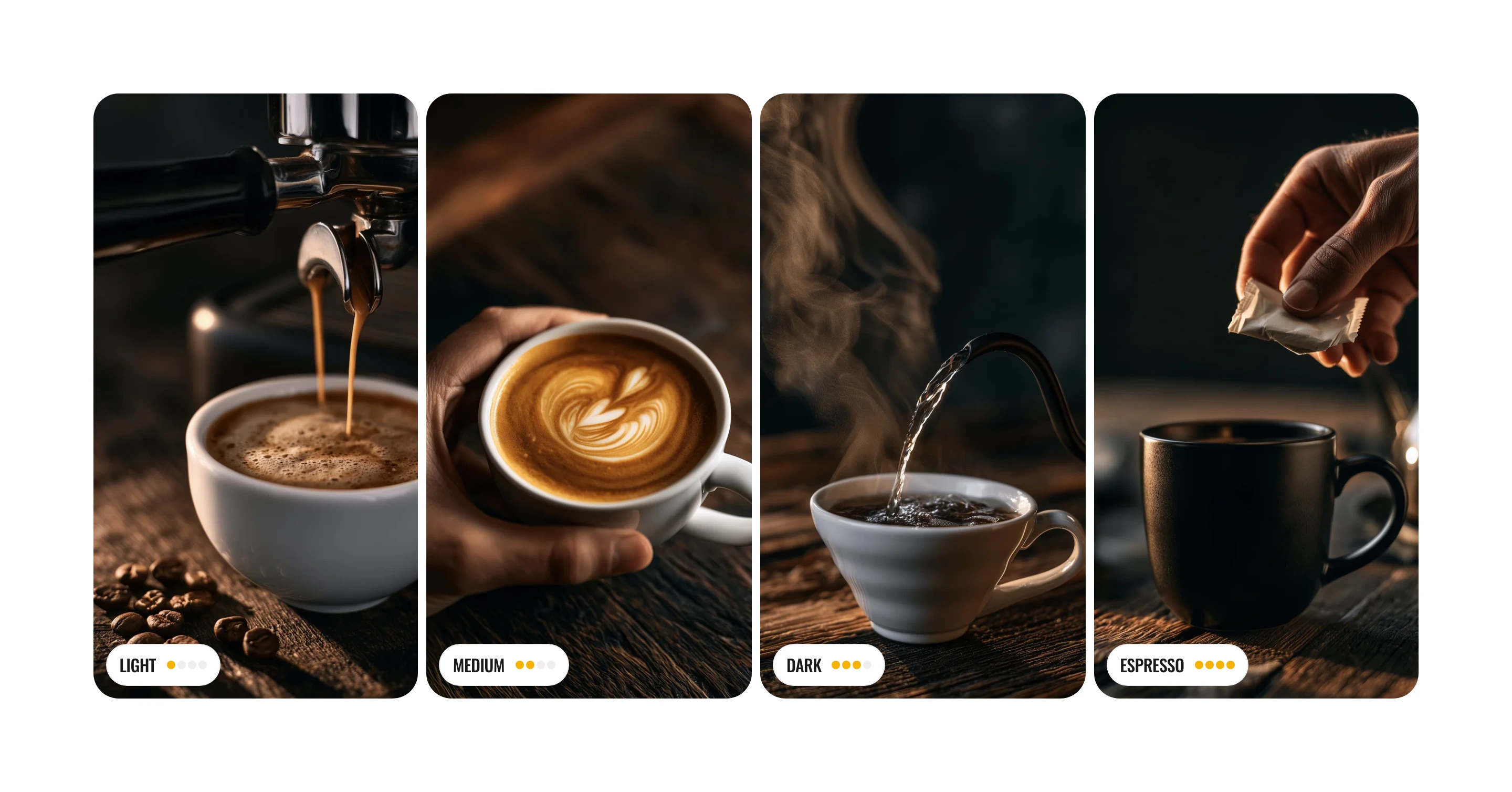 Panels layout with four tall coffee photos in a row, each with a label on the photo, Light, Medium, Dark and Espresso, and dots that fill from one to four