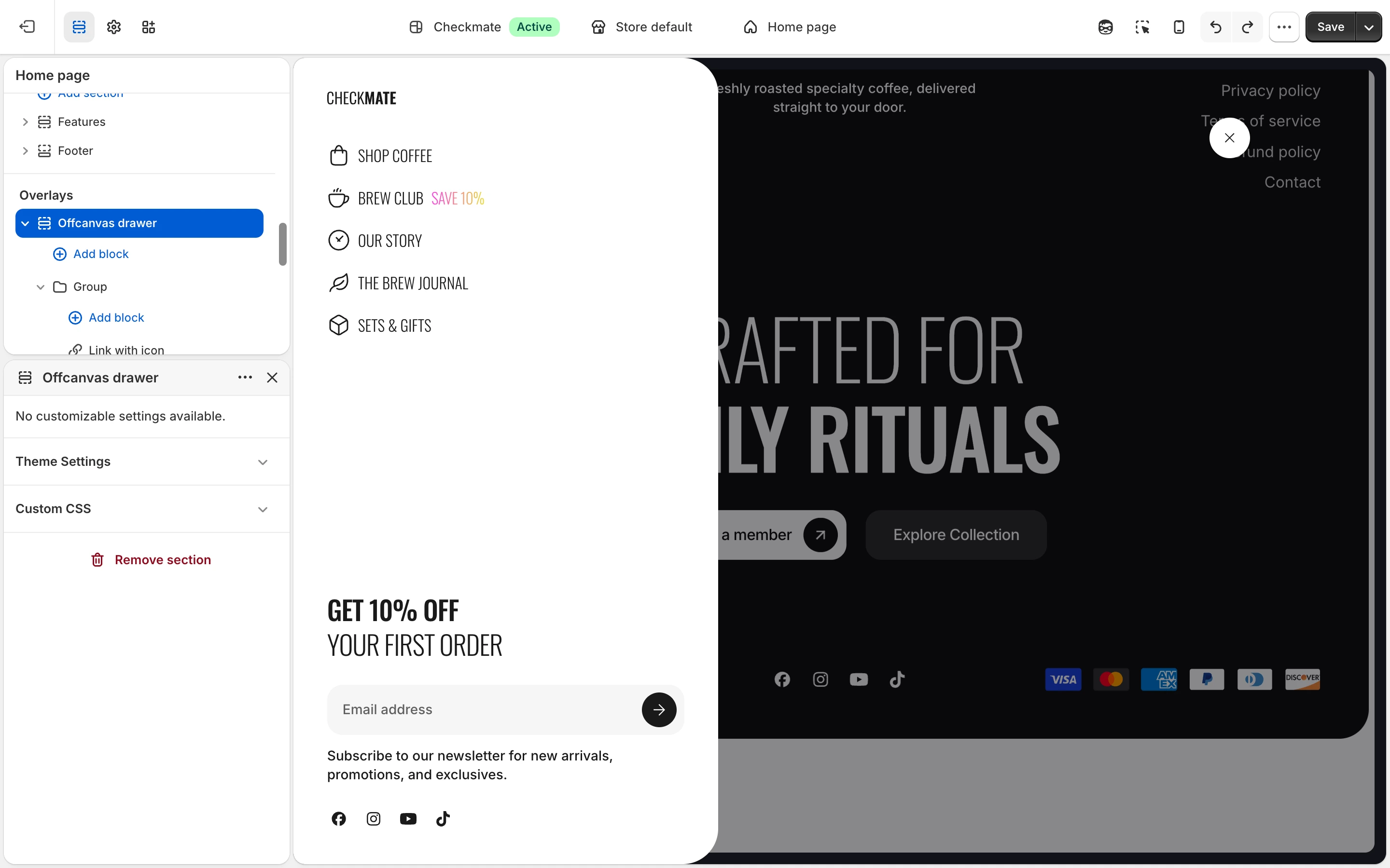 Offcanvas drawer selected under Overlays in the editor sidebar, and the drawer open on the left of the preview