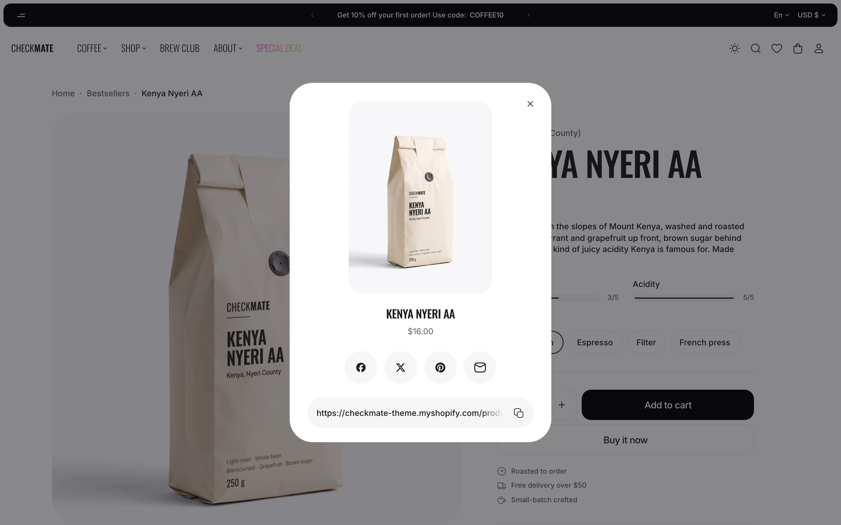 Share window open over a product page, with the product photo, title and price over four round links and the page link field with a copy button