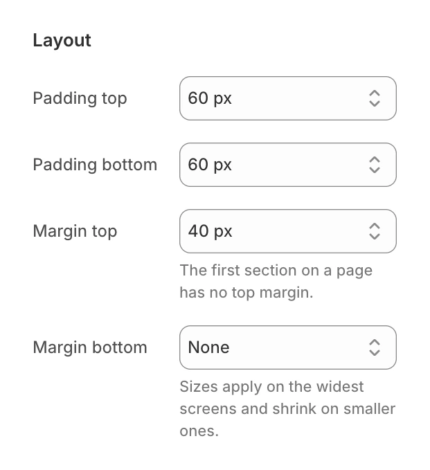 Layout group of the Testimonials section with Alignment, Padding top and bottom, and Margin top and bottom