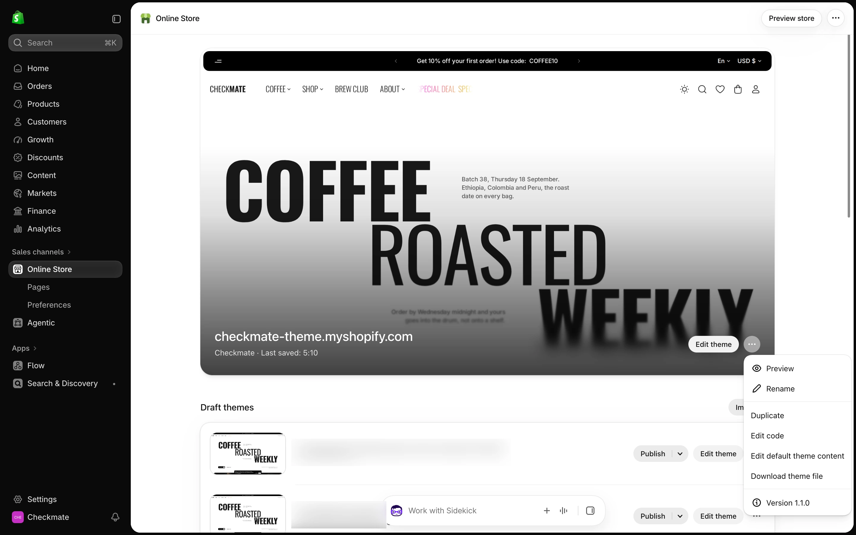 Themes page with the published theme's three-dot menu open and Version 1.1.0 as its last item