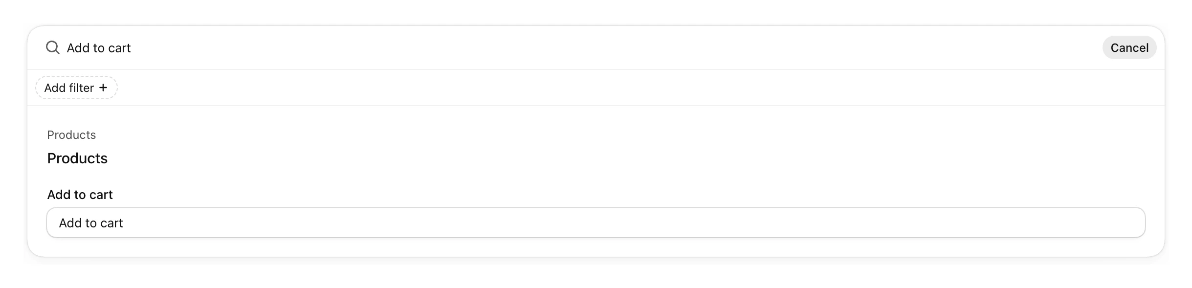 Theme content filtered for Add to cart, with one Add to cart field under Products