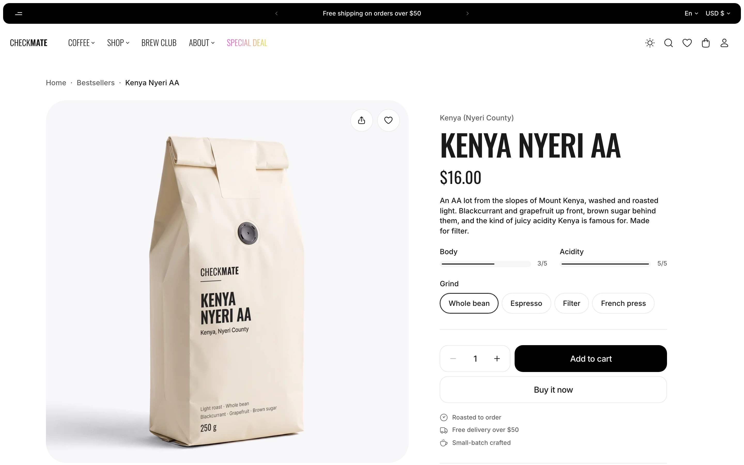 Kenya Nyeri AA product page with the Add to cart button beside the quantity selector