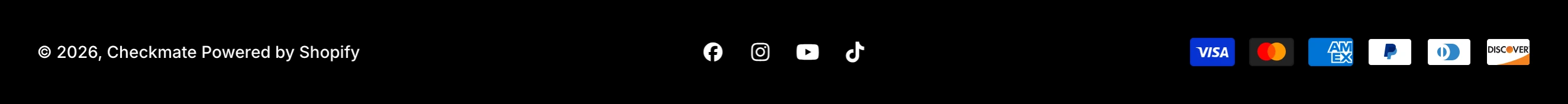 Bottom row of the store footer with the copyright line, Powered by Shopify, social icons and payment icons