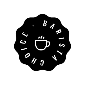 A black scalloped seal with a white cup in the center and capital letters running around its edge