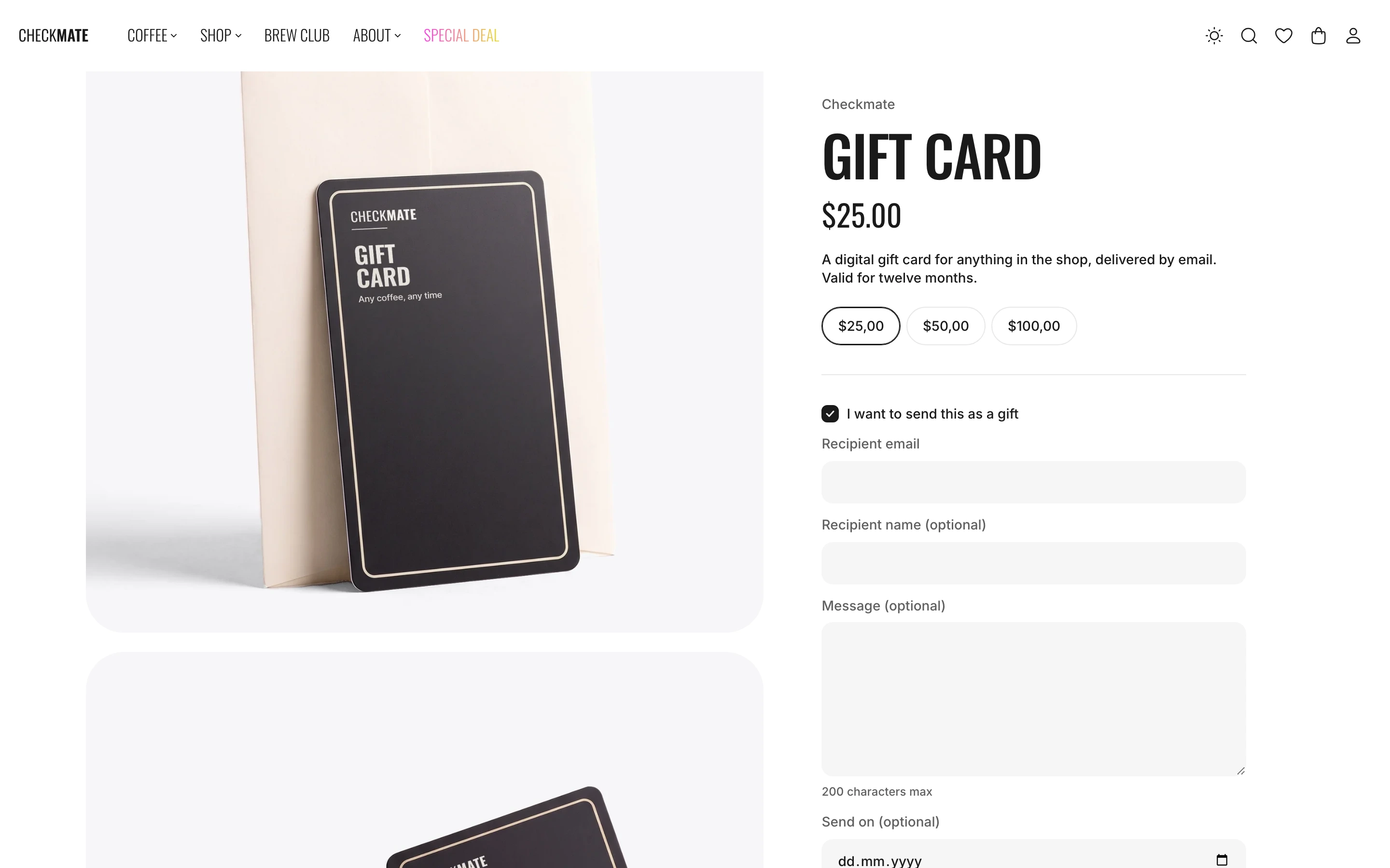 Gift Card product page with I want to send this as a gift checked, and Recipient email, name, Message and Send on fields under it